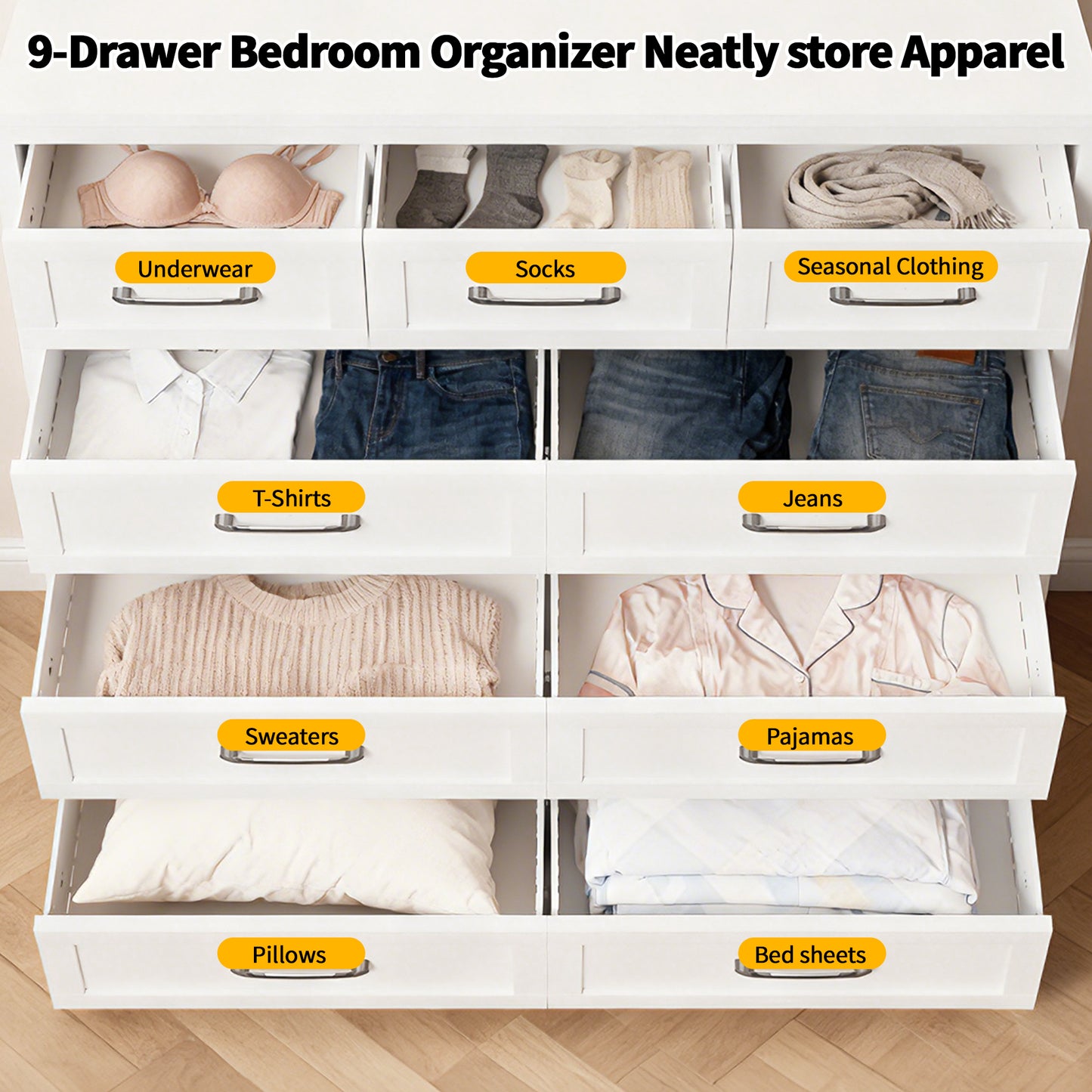 VIYET 9-Drawer Storage Dresser, White Chest of Drawers with Smooth-Glide Drawers for Bedroom, Closet & Entryway