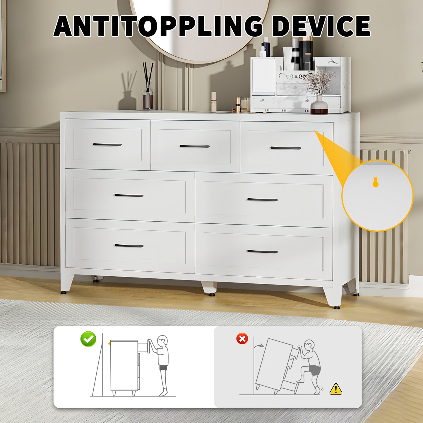 VIYET 7-Drawer White Dresser for Bedroom, Wide Low-Profile Chest of Drawers with Smooth-Glide Storage for Closet & Entryway