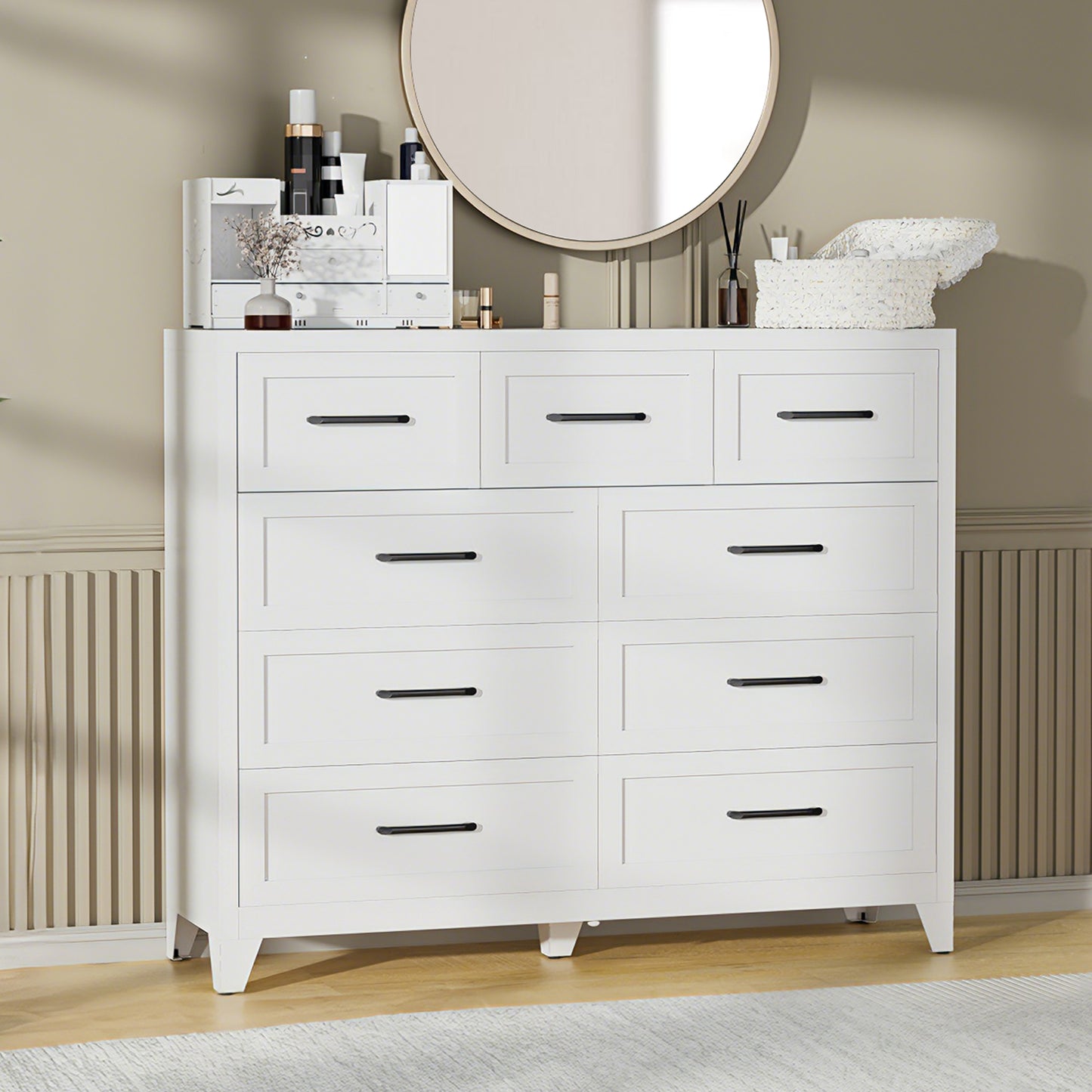 VIYET 9-Drawer Storage Dresser, White Chest of Drawers with Smooth-Glide Drawers for Bedroom, Closet & Entryway