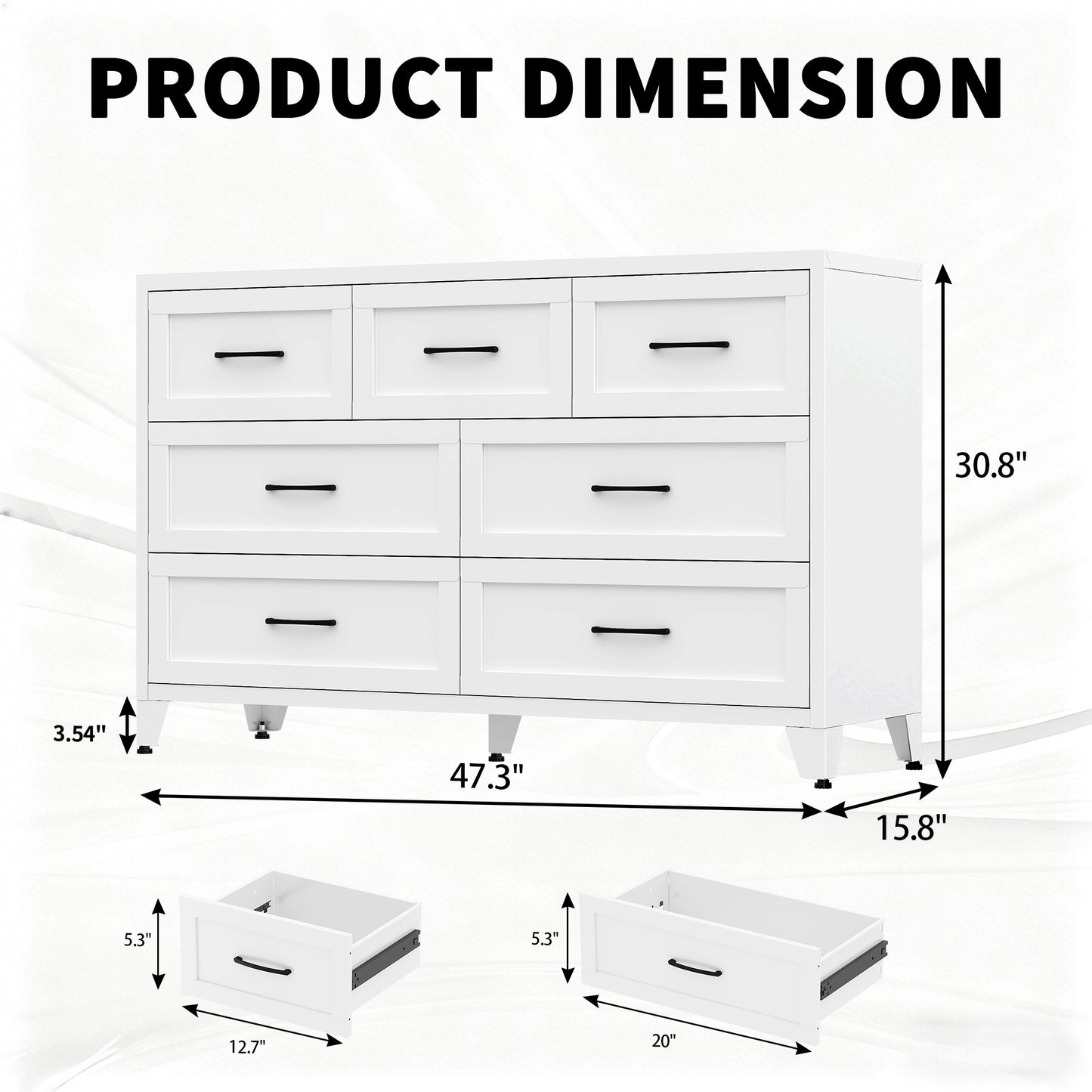 VIYET 7-Drawer White Dresser for Bedroom, Wide Low-Profile Chest of Drawers with Smooth-Glide Storage for Closet & Entryway