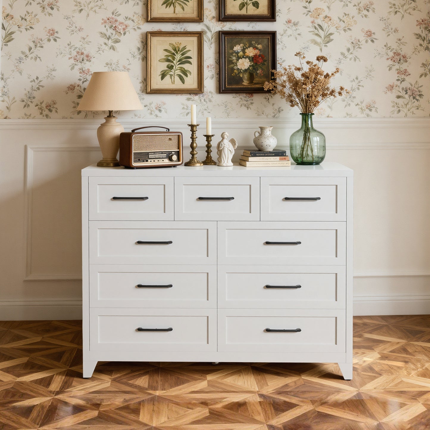 VIYET 9-Drawer Storage Dresser, White Chest of Drawers with Smooth-Glide Drawers for Bedroom, Closet & Entryway