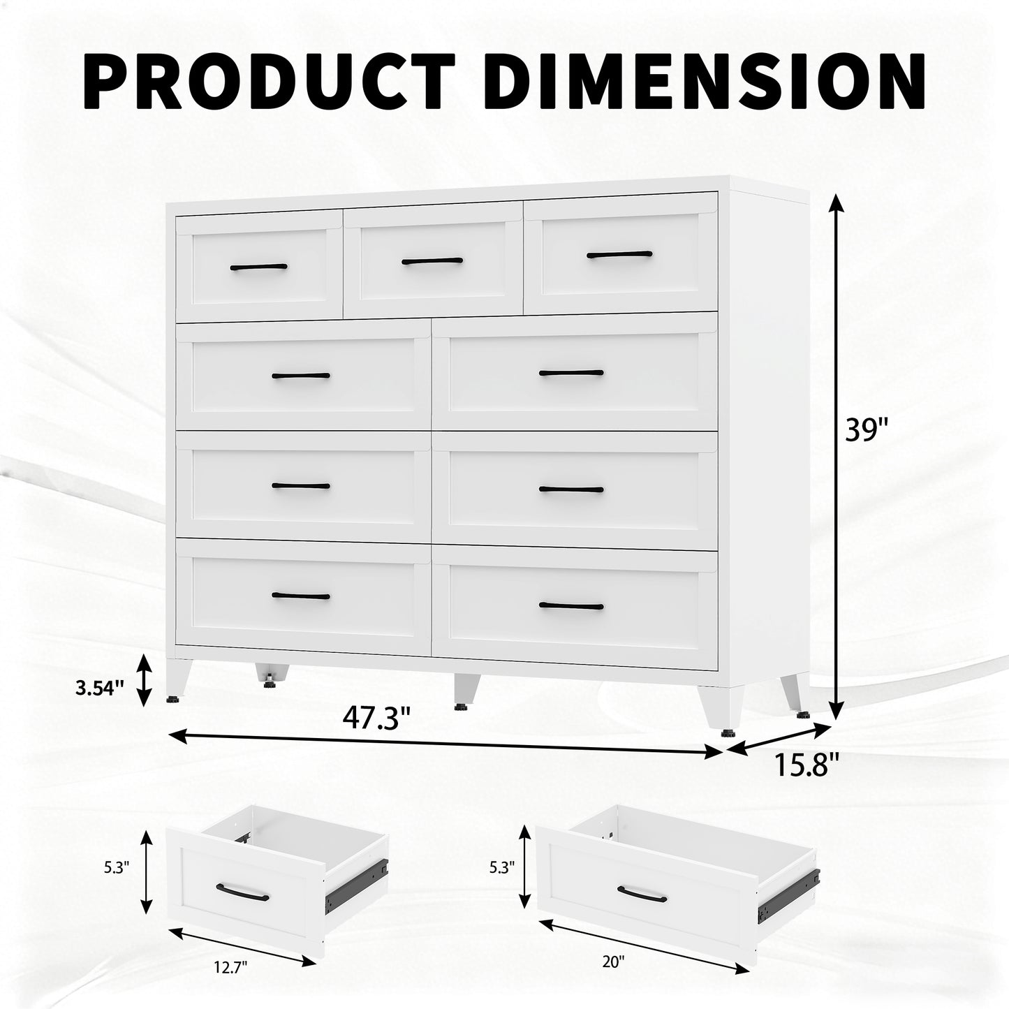VIYET 9-Drawer Storage Dresser, White Chest of Drawers with Smooth-Glide Drawers for Bedroom, Closet & Entryway