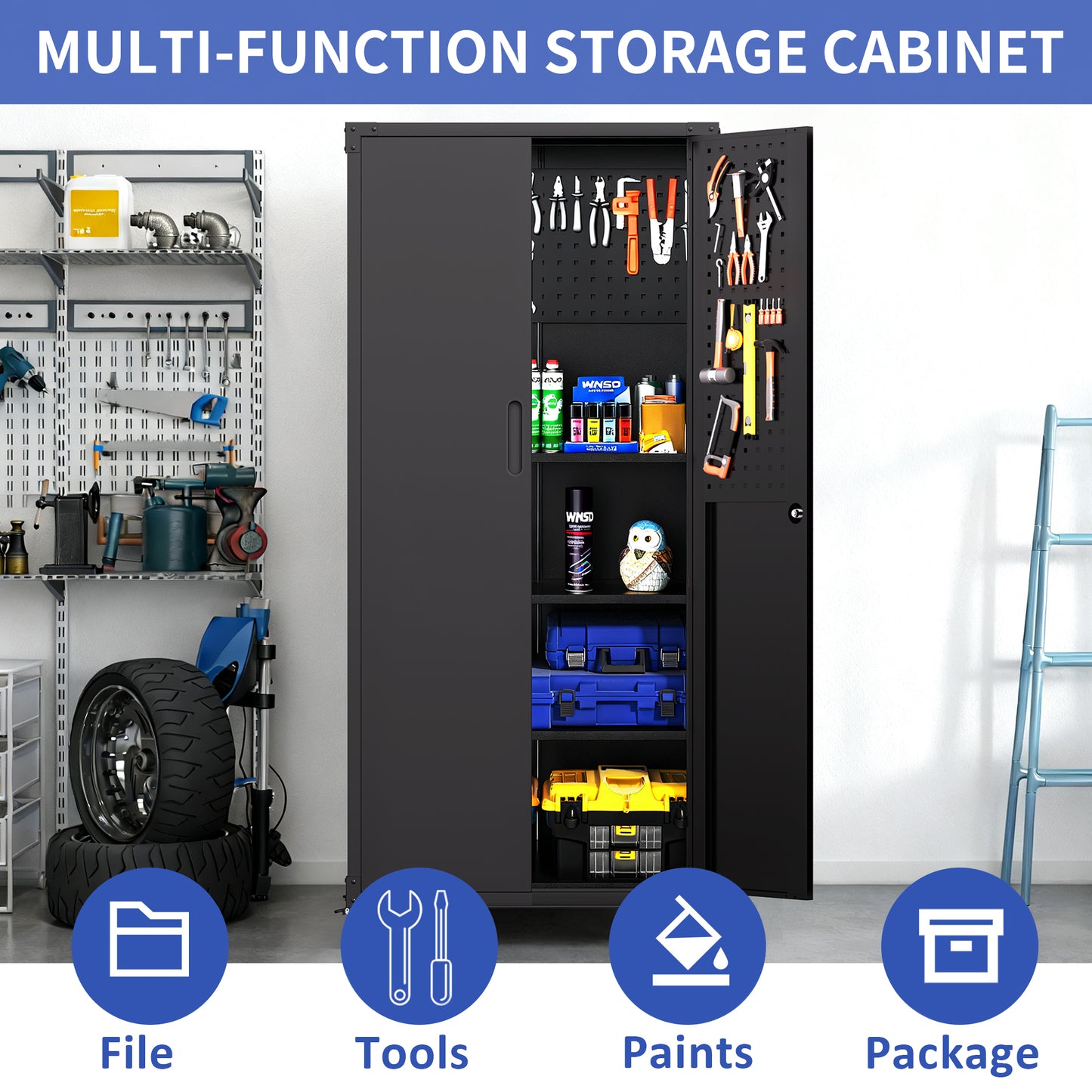 VIYET 71"H Heavy-Duty Metal Garage Storage Cabinet with Wheels,700LBS Capacity,2 Locking Doors+3 Adjustable Shelves, Home/Office/Garage, Black+Gray