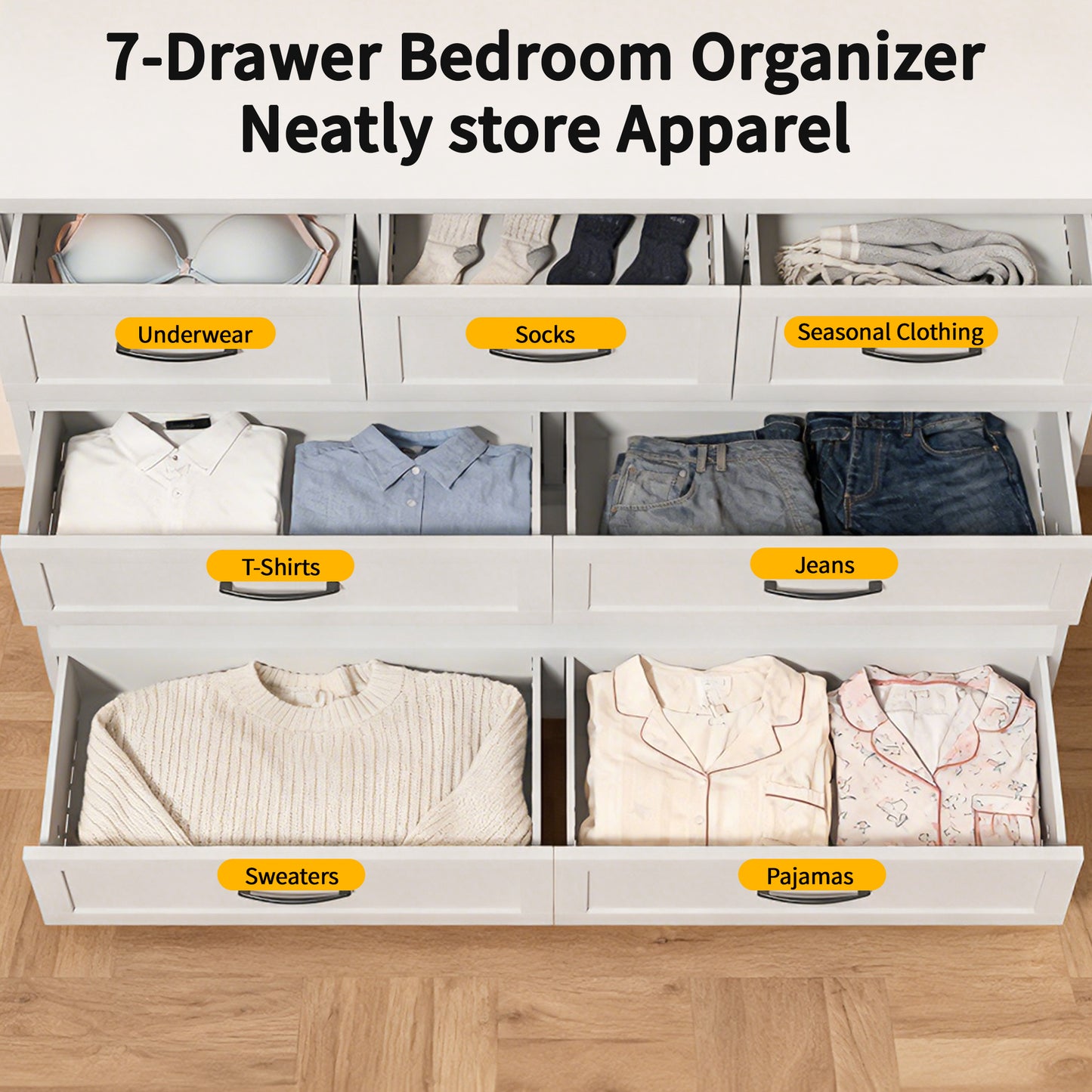 VIYET 7-Drawer White Dresser for Bedroom, Wide Low-Profile Chest of Drawers with Smooth-Glide Storage for Closet & Entryway