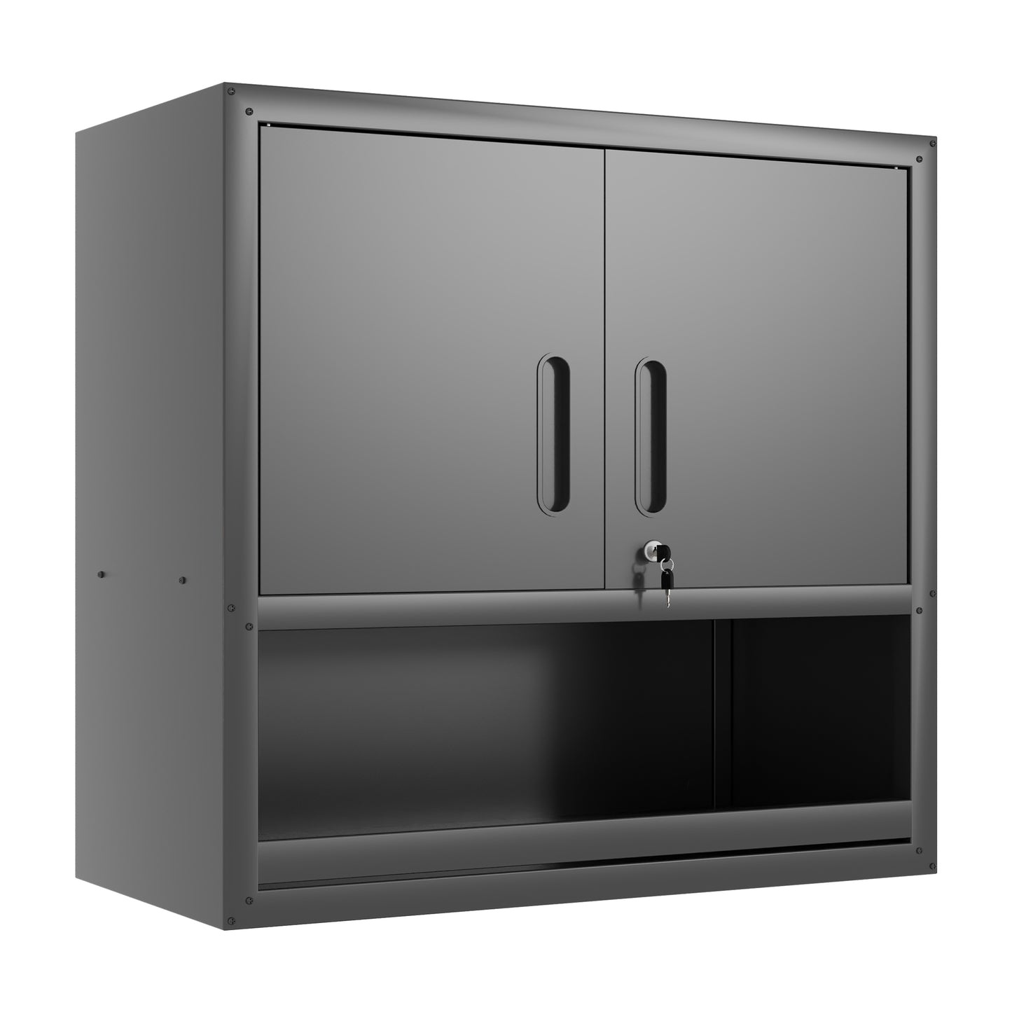 VIYET 30"H Wall-Mounted Steel Cabinet - Locking Doors + Open Drawer + Adjustable Shelf, Cold-Rolled Steel with Rust-Resistant Coating, Black for Garage/Office/Warehouse/Home/School