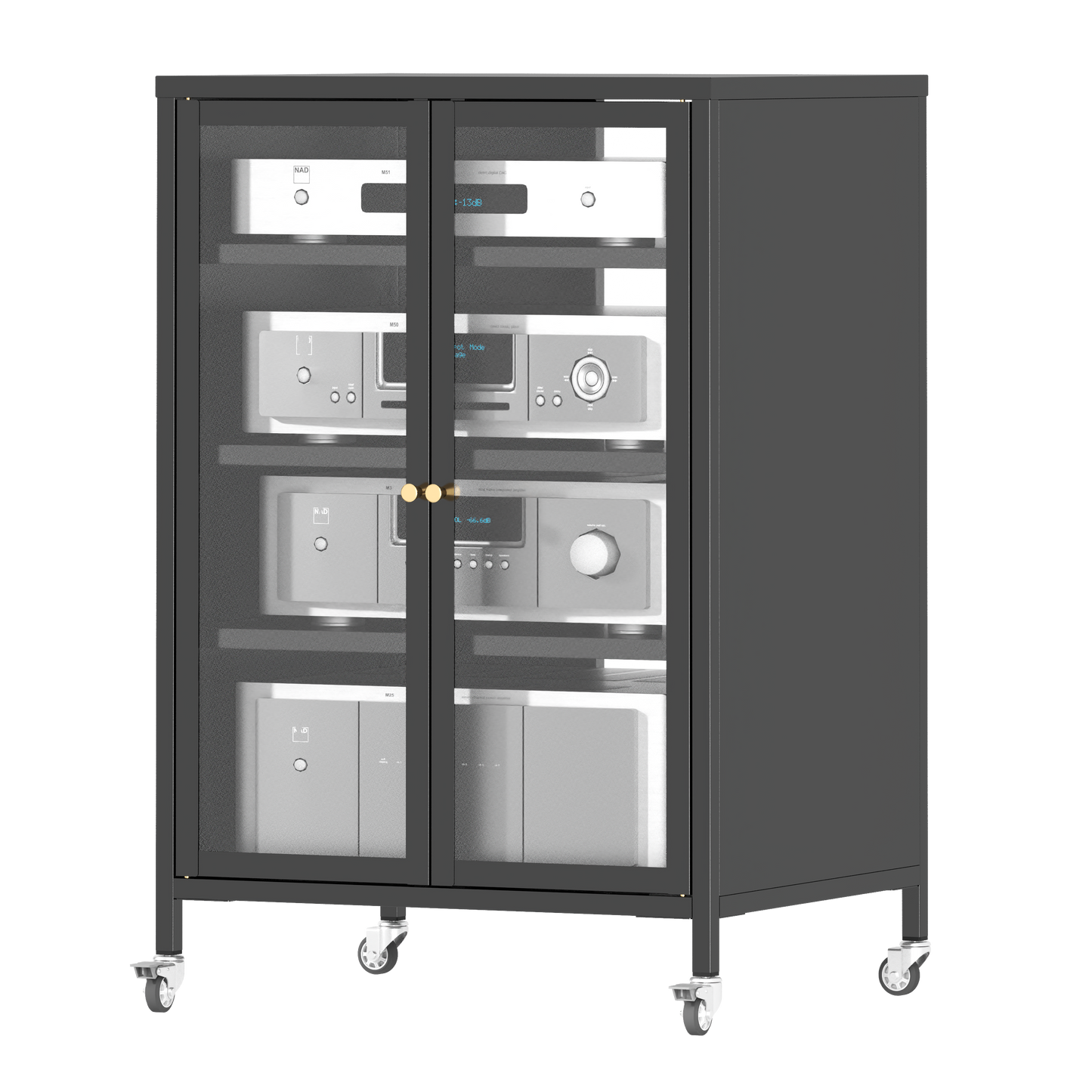 VIYET 36" Media Storage Cabinet with Wheels - 4 Adjustable Glass Shelves & Locking Door, Heavy-Duty Steel AV TV Stand for Living Room, Black