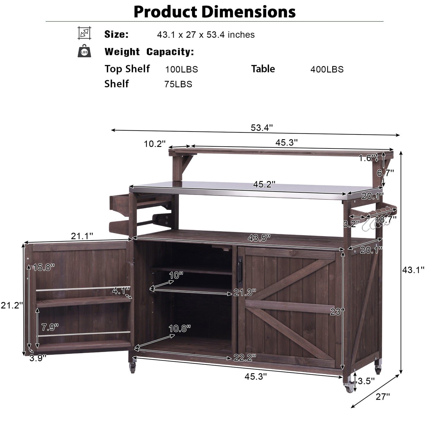 VIYET 43" K&K Outdoor Kitchen Island, Brown Solid Wood Grill Cart w/ Stainless Steel Top (Raised Shelf+Adjustable Storage Rack)