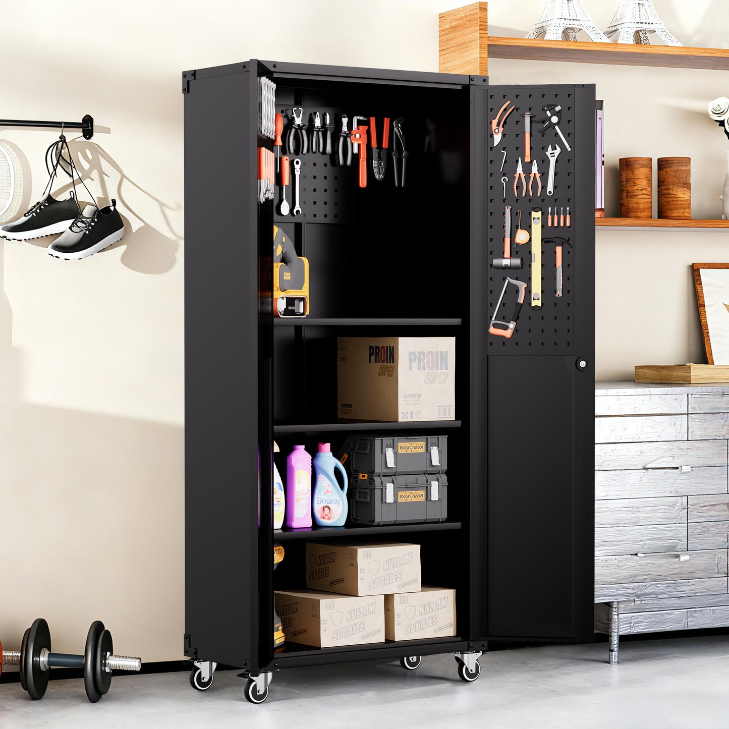 VIYET 71"H Heavy-Duty Metal Garage Storage Cabinet with Wheels,700LBS Capacity,2 Locking Doors+3 Adjustable Shelves, Home/Office/Garage, Black+Gray