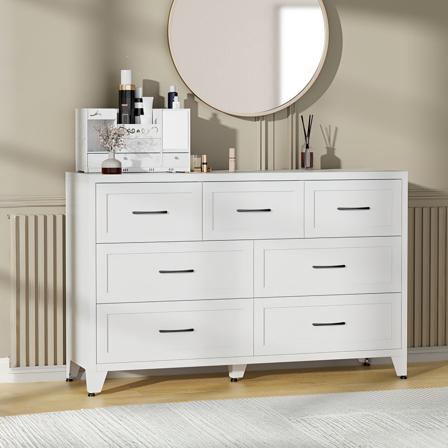 VIYET 7-Drawer White Dresser for Bedroom, Wide Low-Profile Chest of Drawers with Smooth-Glide Storage for Closet & Entryway