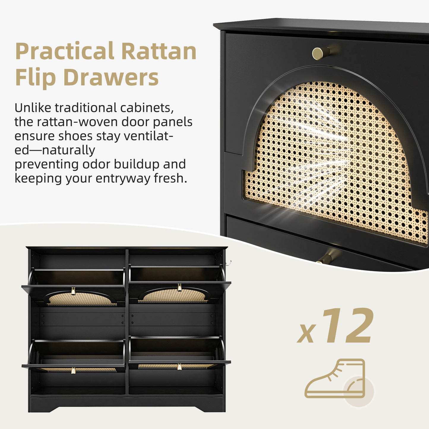 VIYET 35" Mid-Century Narrow Shoe Cabinet, MDF Organizer w/ 4 Rattan Flip Drawers &2 Silver Hooks,Black+white