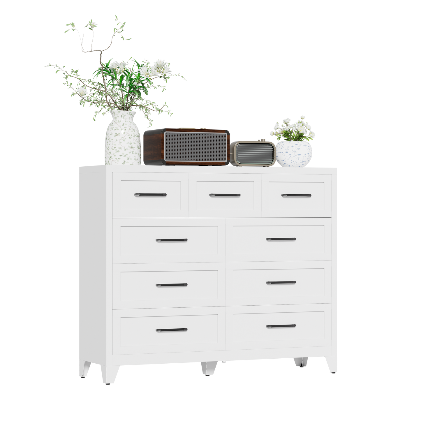 VIYET 9-Drawer Storage Dresser, White Chest of Drawers with Smooth-Glide Drawers for Bedroom, Closet & Entryway