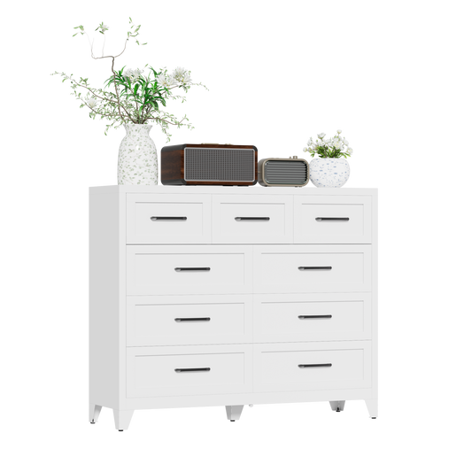 VIYET 9-Drawer Storage Dresser, White Chest of Drawers with Smooth-Glide Drawers for Bedroom, Closet & Entryway