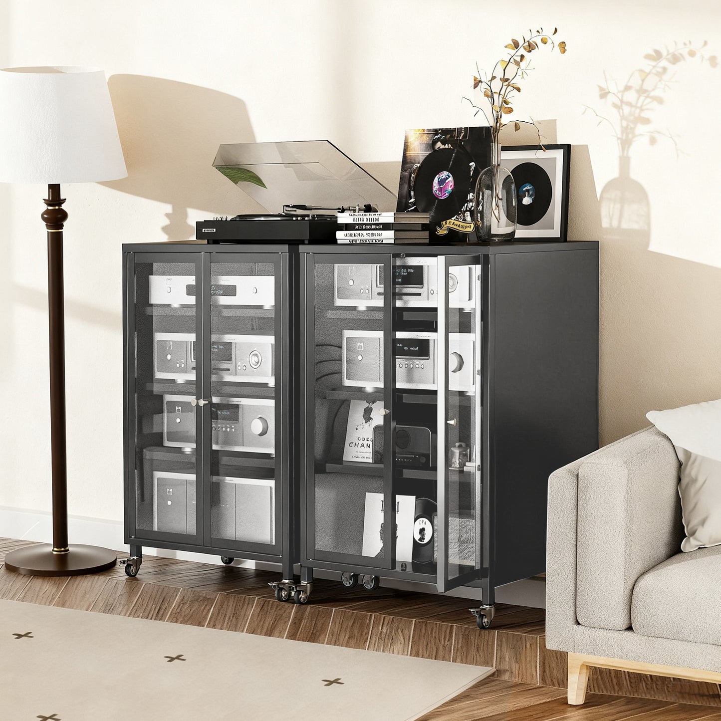 VIYET 36" Media Storage Cabinet with Wheels - 4 Adjustable Glass Shelves & Locking Door, Heavy-Duty Steel AV TV Stand for Living Room, Black