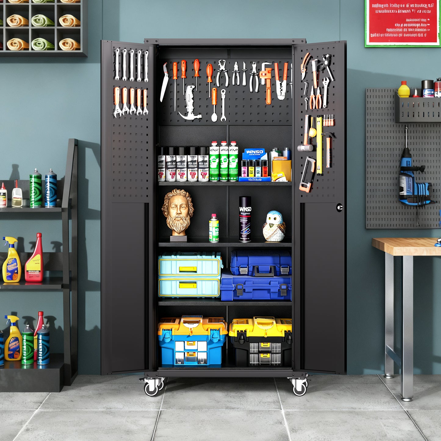 VIYET 71"H Heavy-Duty Metal Garage Storage Cabinet with Wheels,700LBS Capacity,2 Locking Doors+3 Adjustable Shelves, Home/Office/Garage, Black+Gray