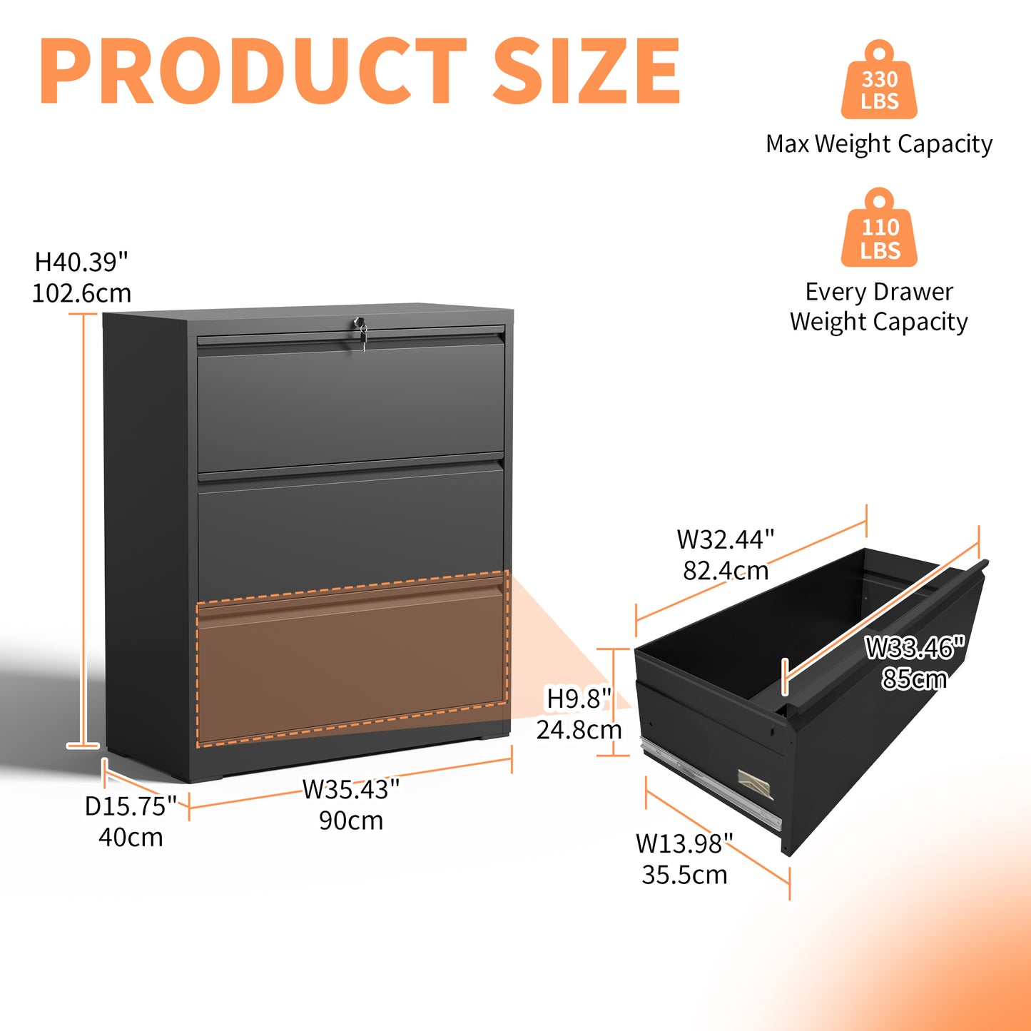 VIYET 40" Tall 3-Drawer Lockable Lateral File Cabinet, Heavy-Duty Metal Office Storage with Silent Full-Extension Drawers and Anti-Tilt, Fits Letter, Legal & A4