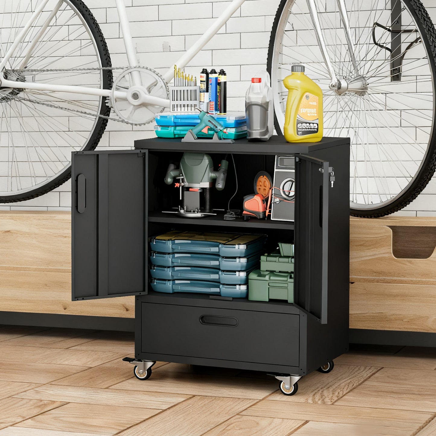 VIYET 40"H Heavy-Duty Steel Tool Cart with Wheels - Mobile Storage Cabinet, Lockable Casters, Smooth-Gliding Drawer + Adjustable Shelf, Garage/Workshop/Office