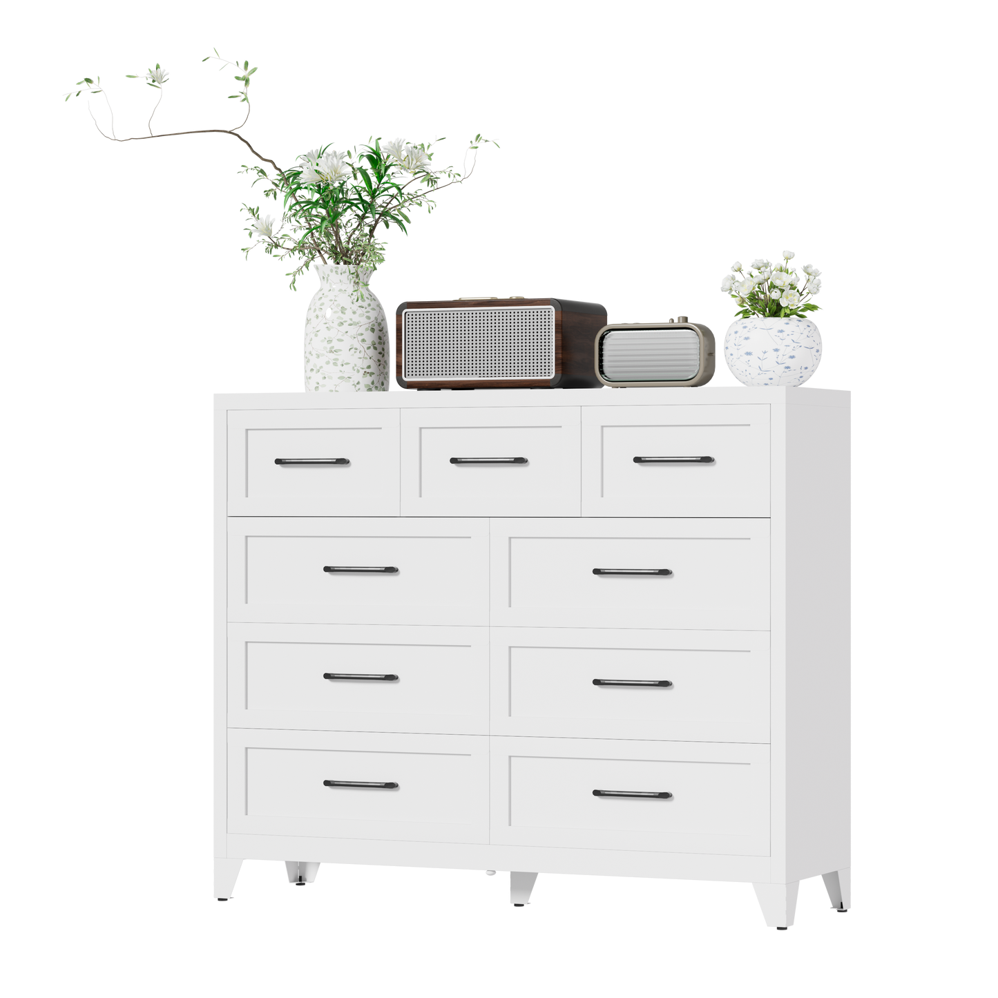 VIYET 9-Drawer Storage Dresser, White Chest of Drawers with Smooth-Glide Drawers for Bedroom, Closet & Entryway
