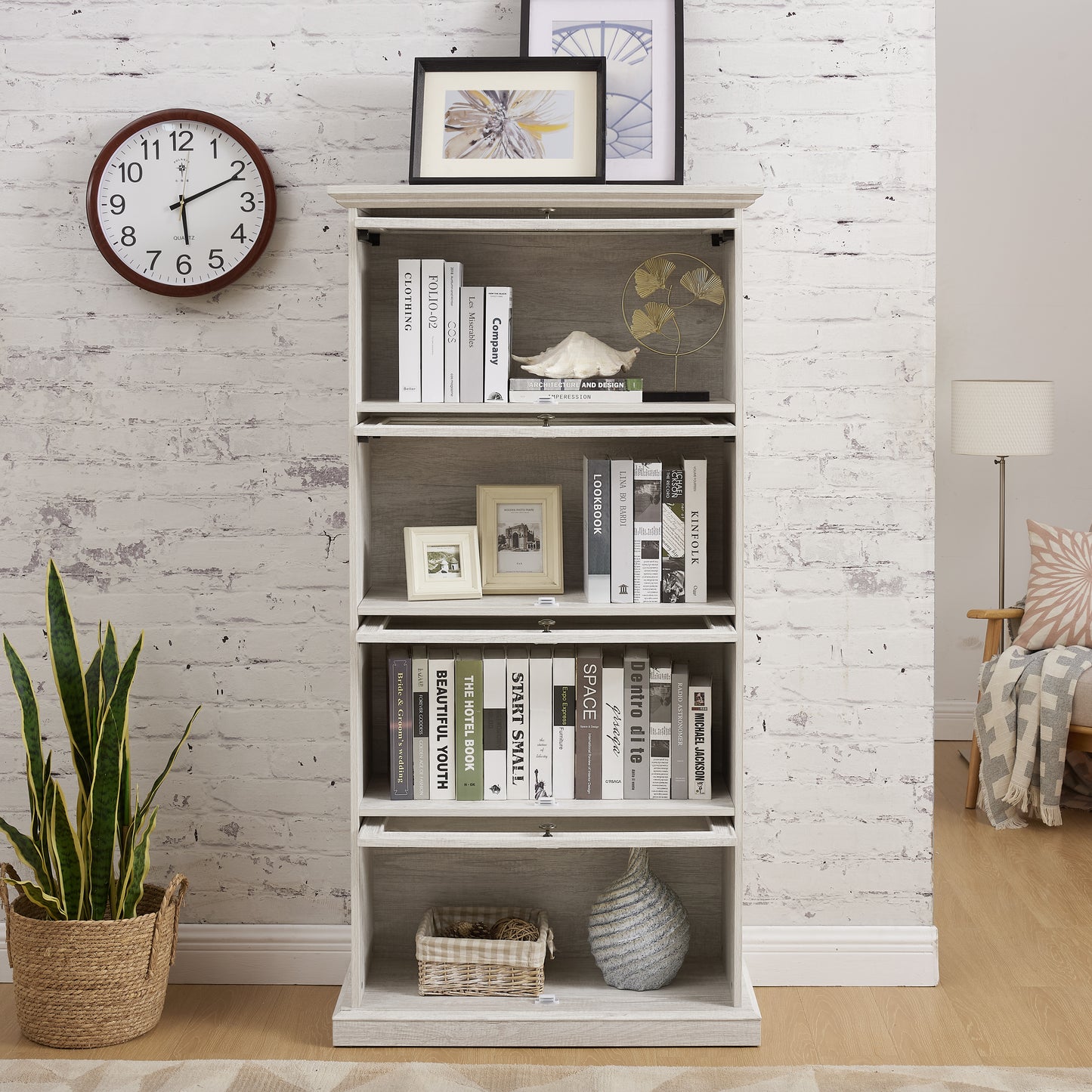 VIYET 63" 4-Tier Glass Display Cabinet, White MDF+Tempered Glass Curio Cabinet (Flip-up Doors for Collectibles/Toys/Books)