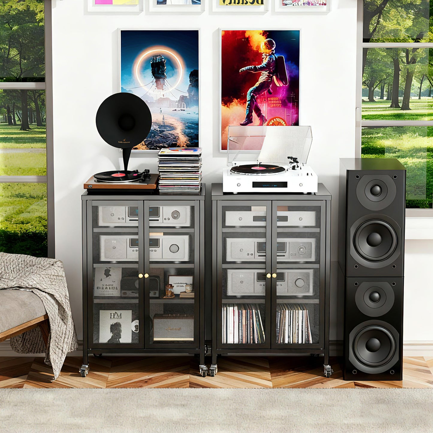 VIYET 36" Media Storage Cabinet with Wheels - 4 Adjustable Glass Shelves & Locking Door, Heavy-Duty Steel AV TV Stand for Living Room, Black