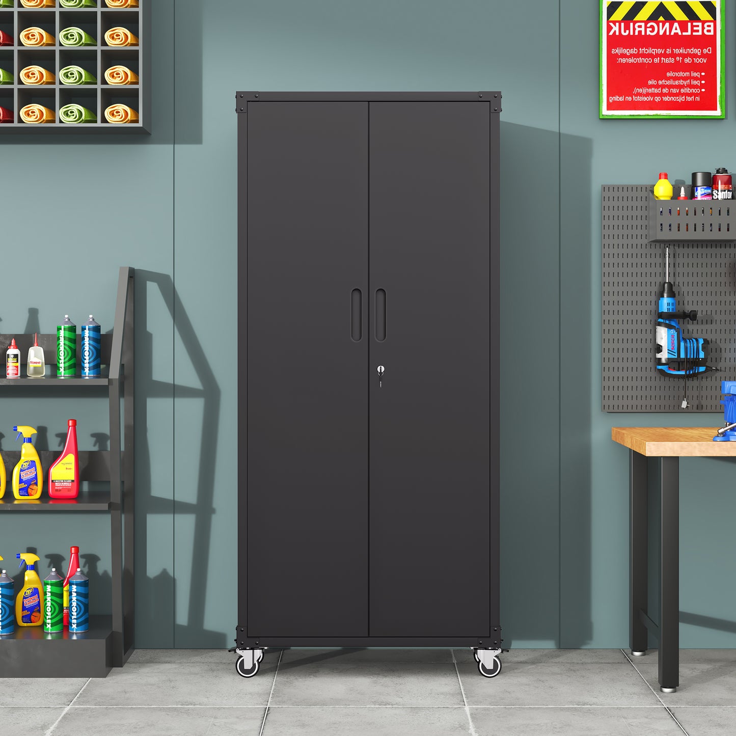 VIYET 71" All-Black Heavy-Duty Metal Garage Storage Cabinet - Locking Hinged Doors, Lockable Casters, Home/Office/School/Garage/Utility Room
