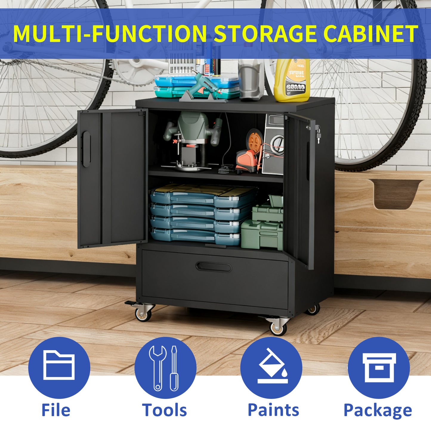 VIYET 40"H Heavy-Duty Steel Tool Cart with Wheels - Mobile Storage Cabinet, Lockable Casters, Smooth-Gliding Drawer + Adjustable Shelf, Garage/Workshop/Office