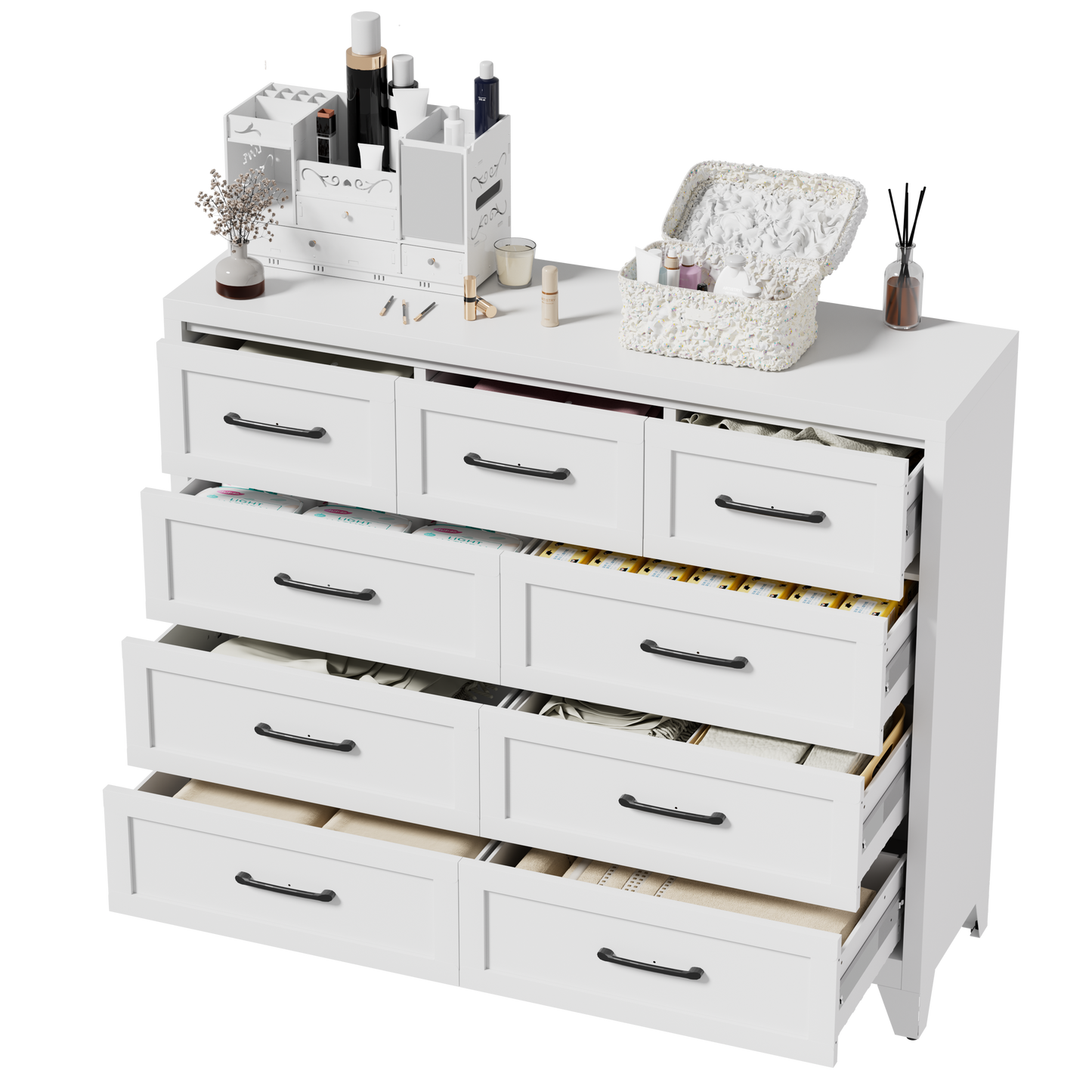 VIYET 9-Drawer Storage Dresser, White Chest of Drawers with Smooth-Glide Drawers for Bedroom, Closet & Entryway