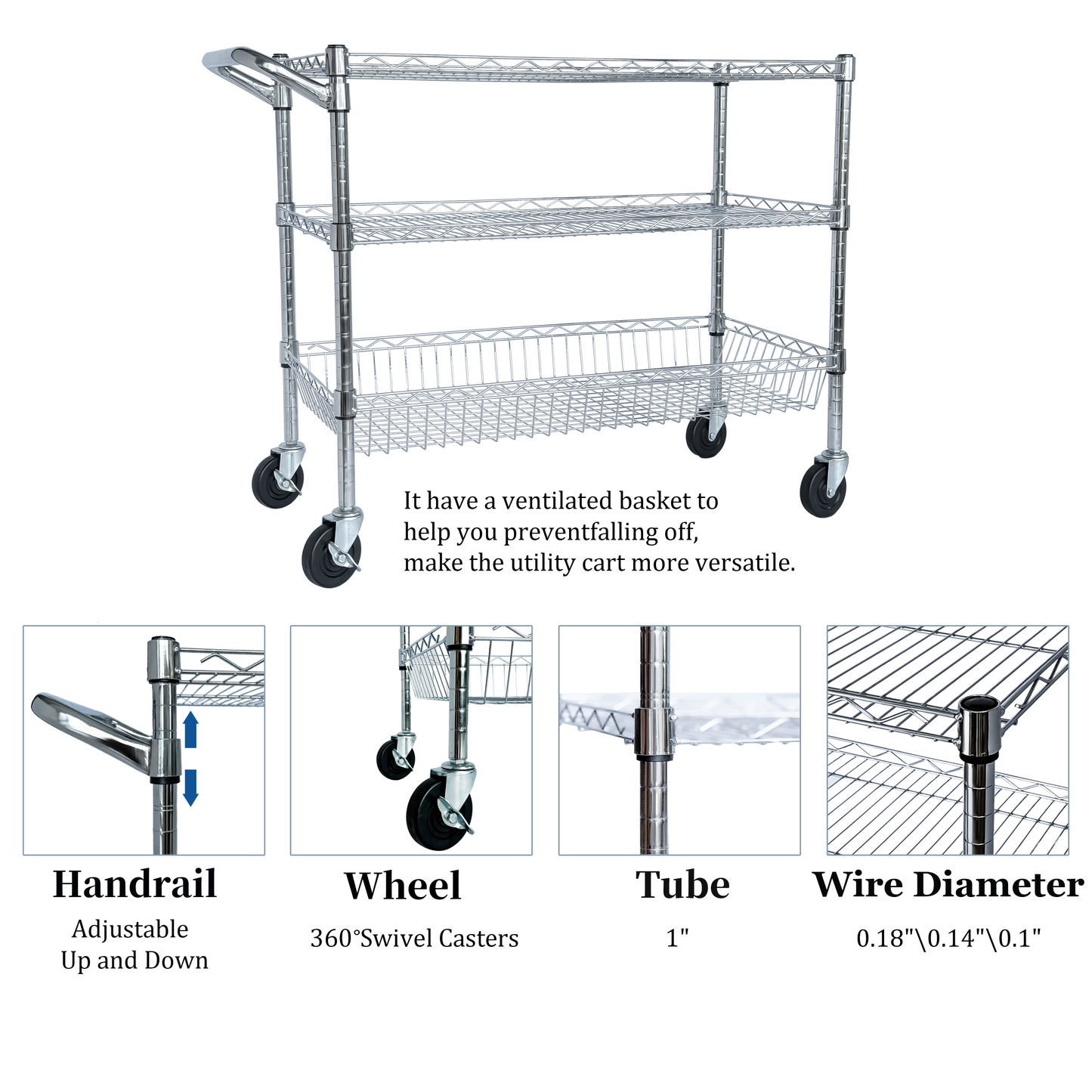 VIYET 32"H Heavy Duty 3 Tier Rolling Utility Cart, 600LBS Capacity Chrome Cart with Handle, Shelf Liners & Locking Wheels