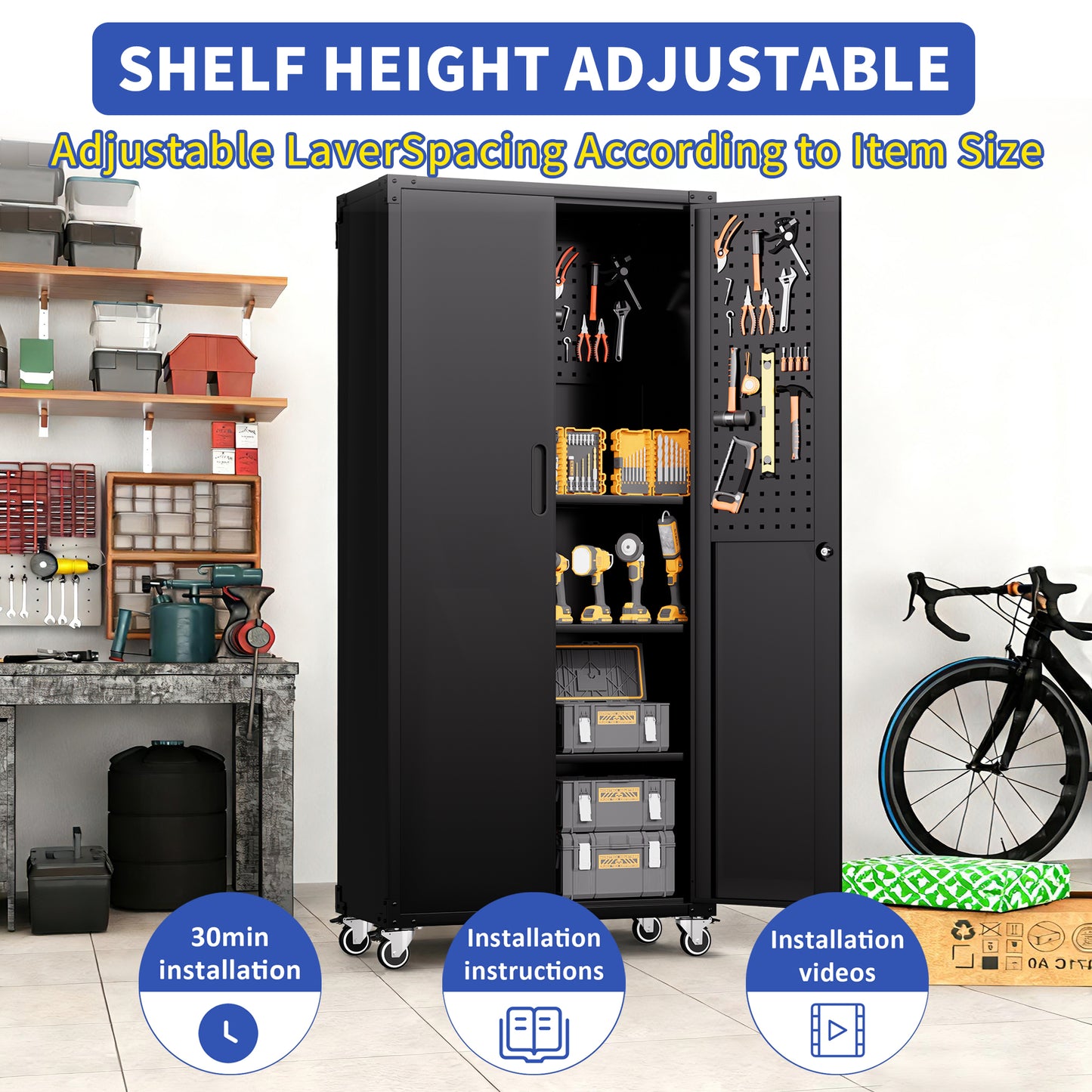 VIYET 71"H Heavy-Duty Metal Garage Storage Cabinet with Wheels,700LBS Capacity,2 Locking Doors+3 Adjustable Shelves, Home/Office/Garage, Black+Gray
