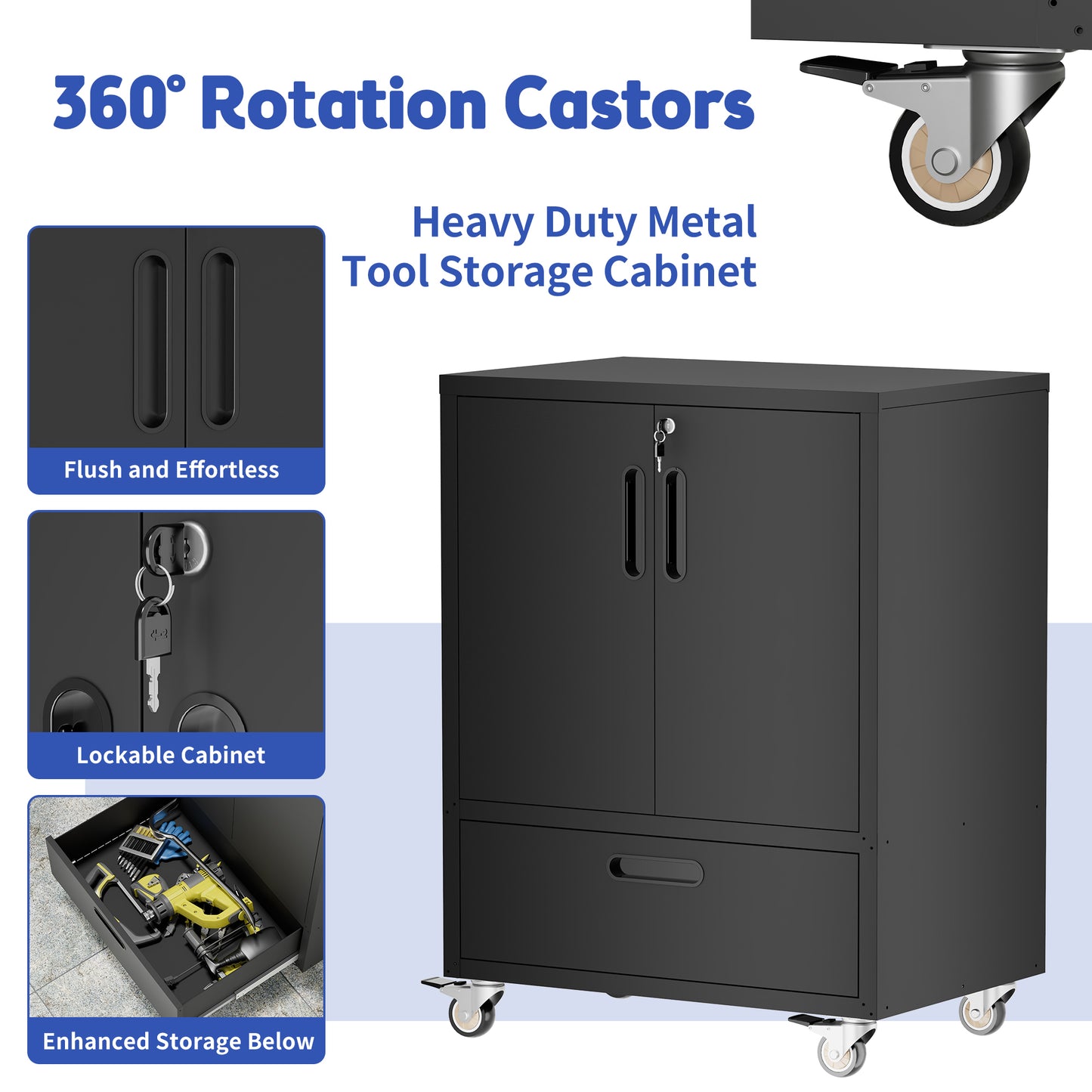 VIYET 40"H Heavy-Duty Steel Tool Cart with Wheels - Mobile Storage Cabinet, Lockable Casters, Smooth-Gliding Drawer + Adjustable Shelf, Garage/Workshop/Office
