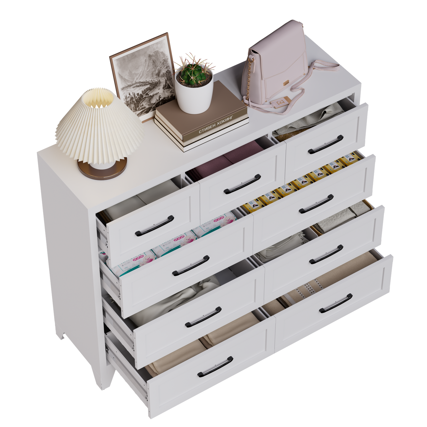 VIYET 9-Drawer Storage Dresser, White Chest of Drawers with Smooth-Glide Drawers for Bedroom, Closet & Entryway