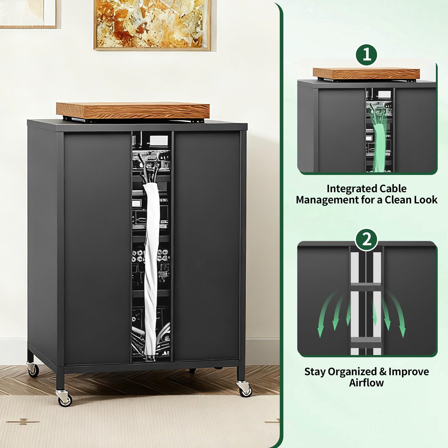VIYET 36" Media Storage Cabinet with Wheels - 4 Adjustable Glass Shelves & Locking Door, Heavy-Duty Steel AV TV Stand for Living Room, Black