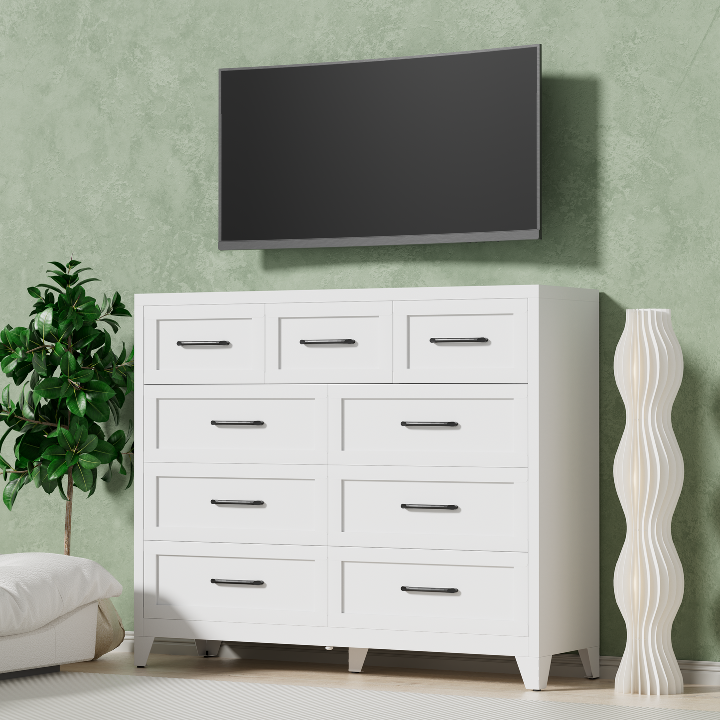 VIYET 9-Drawer Storage Dresser, White Chest of Drawers with Smooth-Glide Drawers for Bedroom, Closet & Entryway