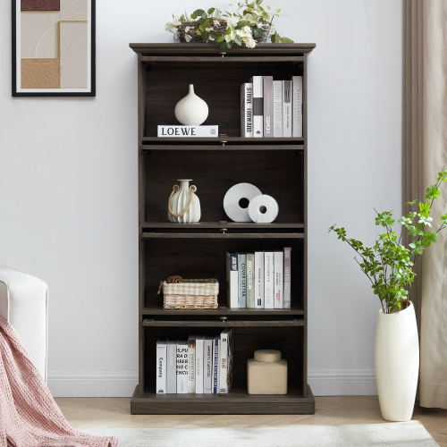 VIYET 63" 4-Tier Glass Display Cabinet, Brown MDF+Tempered Glass Curio Cabinet (Flip-up Doors for Collectibles/Toys/Books)