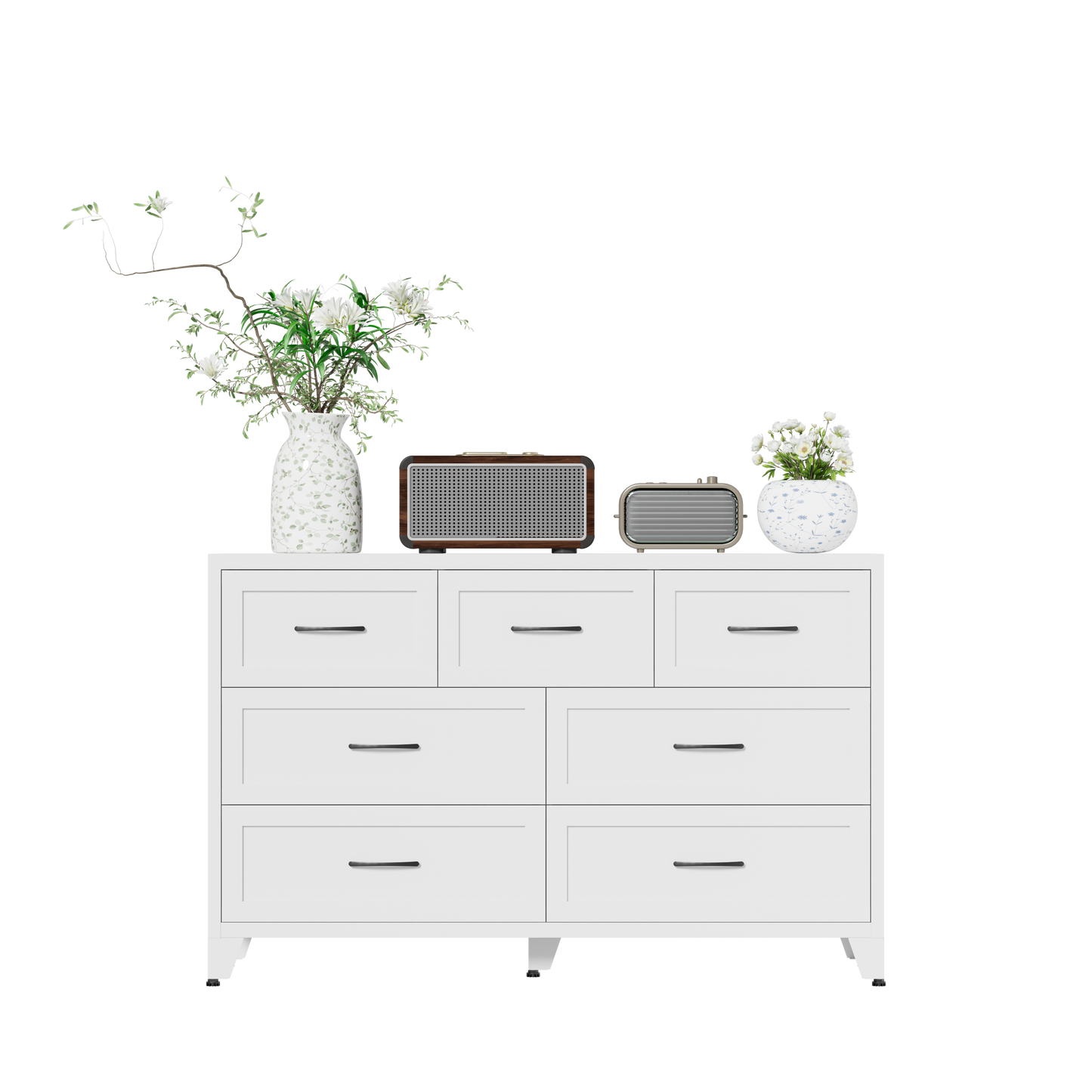 VIYET 7-Drawer White Dresser for Bedroom, Wide Low-Profile Chest of Drawers with Smooth-Glide Storage for Closet & Entryway