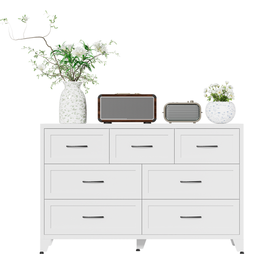 VIYET 7-Drawer White Dresser for Bedroom, Wide Low-Profile Chest of Drawers with Smooth-Glide Storage for Closet & Entryway