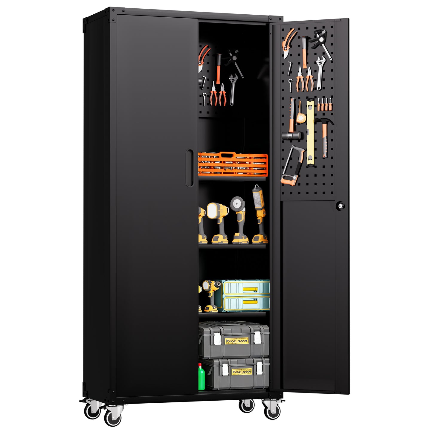 VIYET 71" All-Black Heavy-Duty Metal Garage Storage Cabinet - Locking Hinged Doors, Lockable Casters, Home/Office/School/Garage/Utility Room