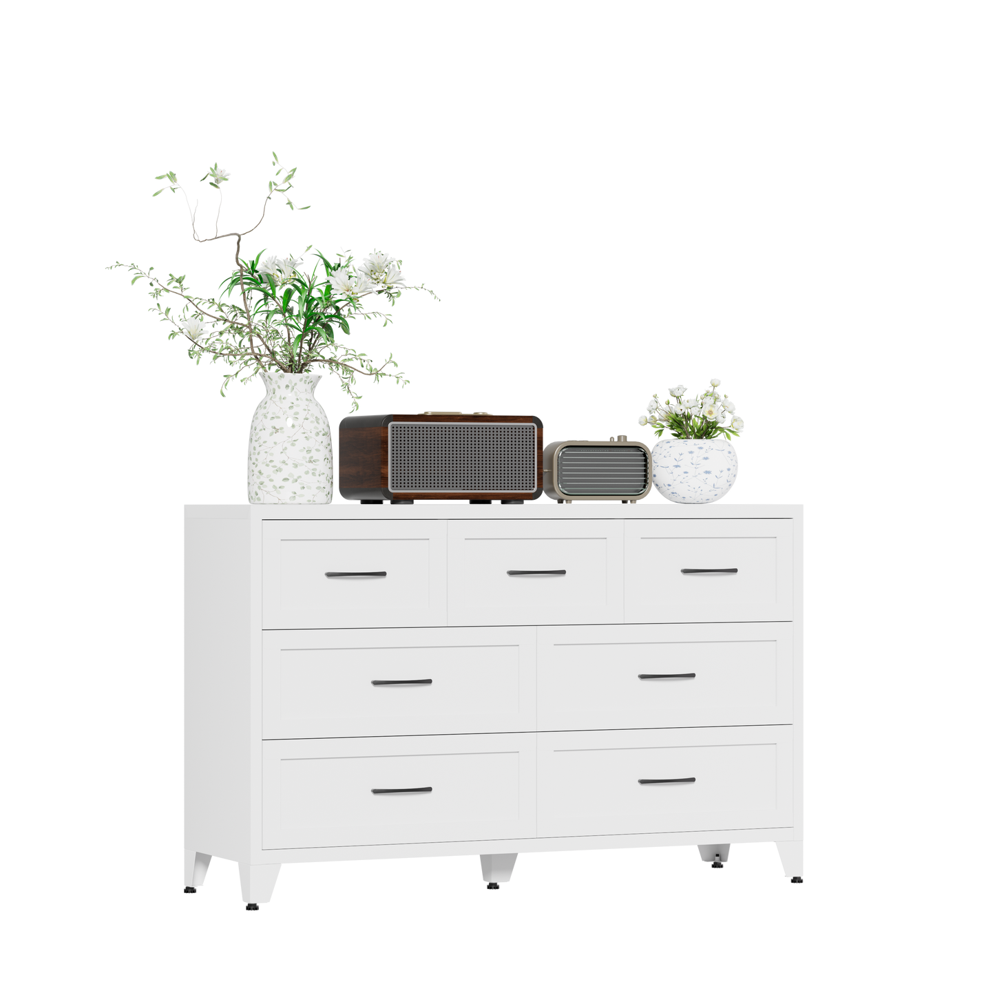 VIYET 7-Drawer White Dresser for Bedroom, Wide Low-Profile Chest of Drawers with Smooth-Glide Storage for Closet & Entryway