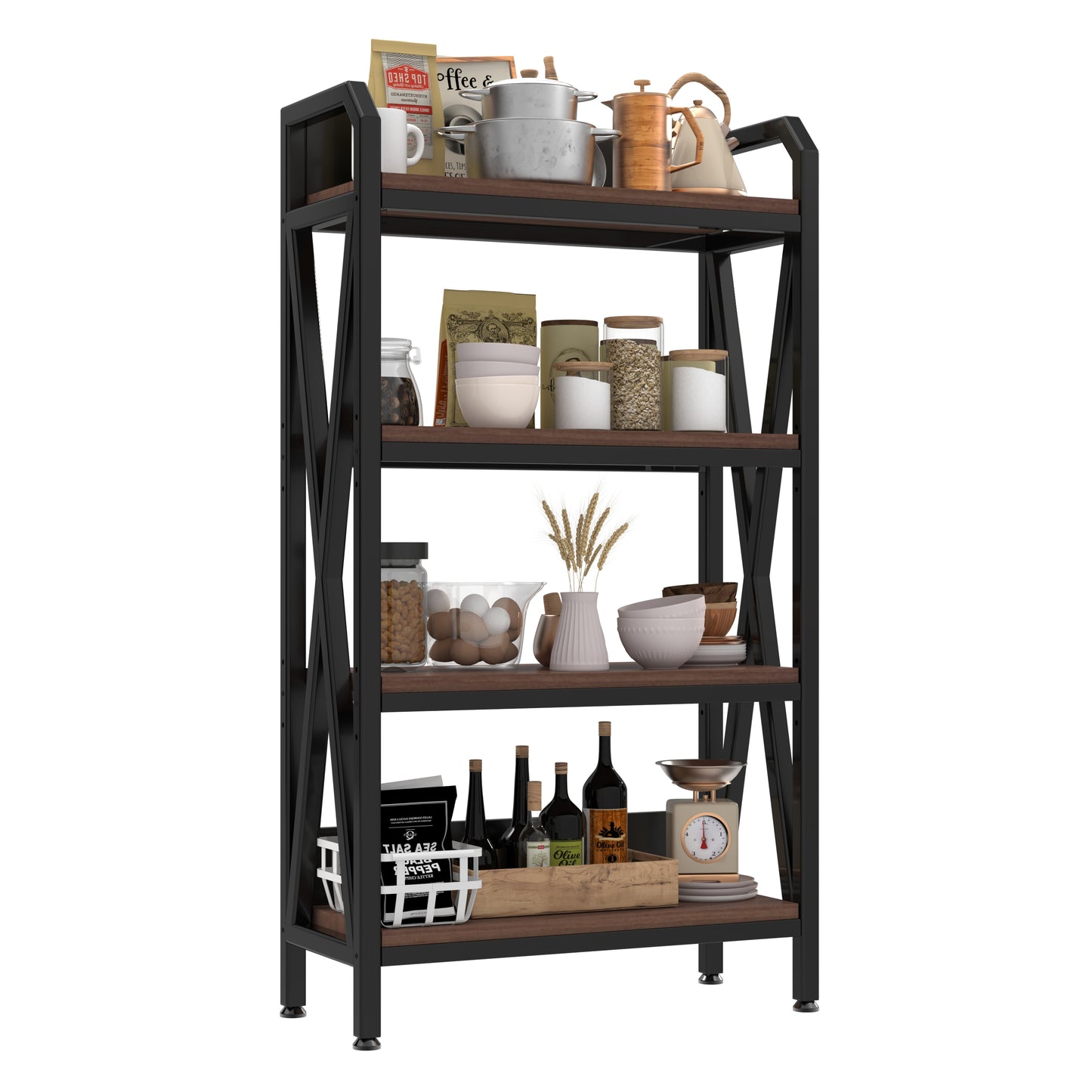 VIYET 56.3"H 4-Level Bakers Rack, Metal & Wooden Kitchen Storage Shelf (Adjustable Multi-Scene Organizer for Garage/Pantry/Bathroom)