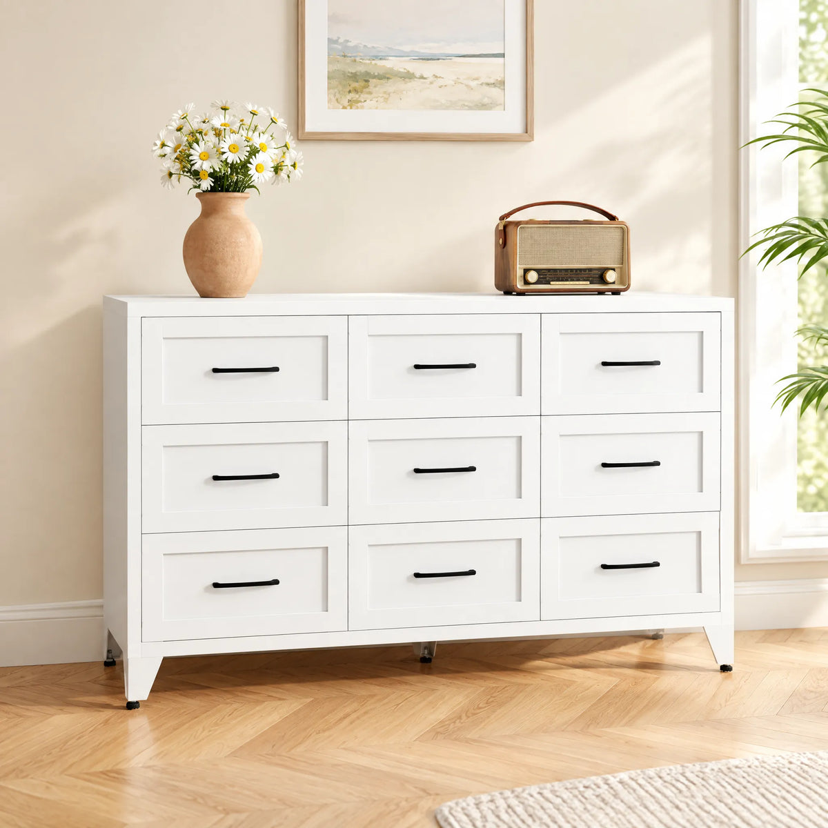 VIYET 9-Drawer Wide Dresser, White Bedroom Storage Chest with Smooth-Glide Drawers for Closet, Hallway & Entryway