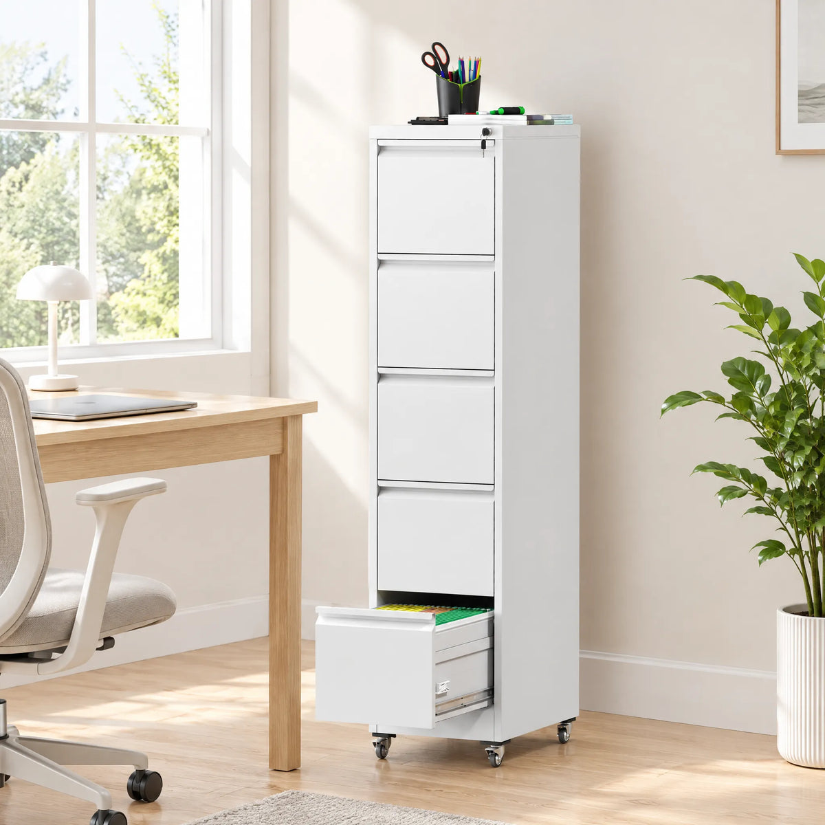 VIYET 5 Drawer Vertical File Cabinet, Metal Rolling Filing Cabinet with Lock, Fits A4, Letter & Legal Files, Home Office Storage