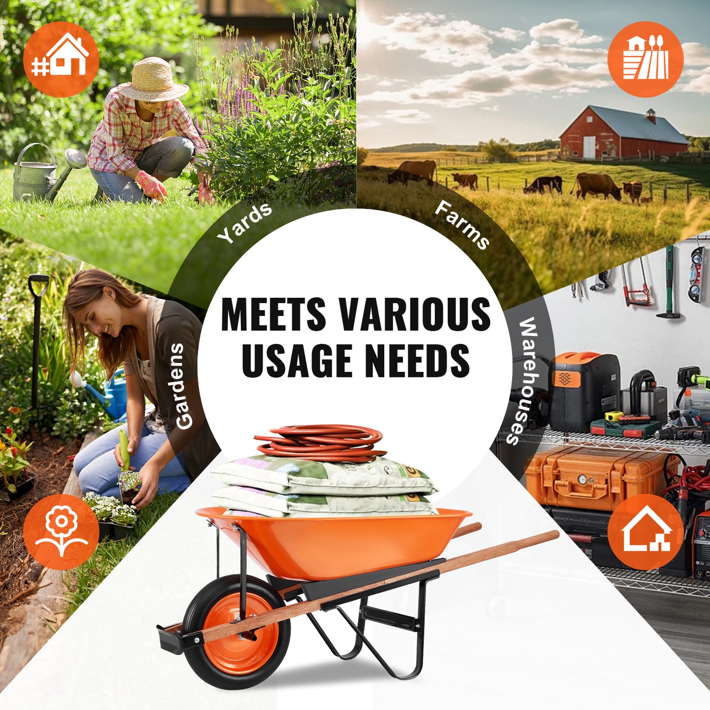 VIYET Wheelbarrow Cart 5 Cu. Ft. 265 Lbs Capacity, Heavy-Duty Garden Dump Cart with Metal Handle & 16" Wide Track Solid Foam Wheel, Utility Yard Cart for Lawn Farm Garden