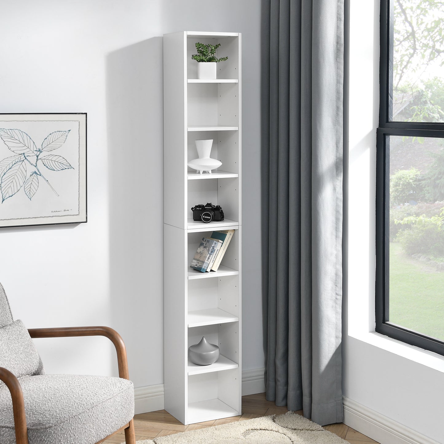 VIYET 11.6"×9.3"×70.9" 8-Tier Media Tower Rack - White MDF, Adjustable Shelves
