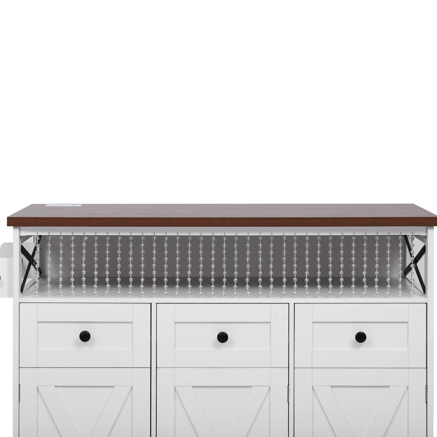 VIYET 39" K&K Farmhouse Rolling Kitchen Island, White MDF Cart w/ Bead Drape, Power Outlet & Drop Leaf (3 Doors+3 Drawers+Internal Iron Shelf)