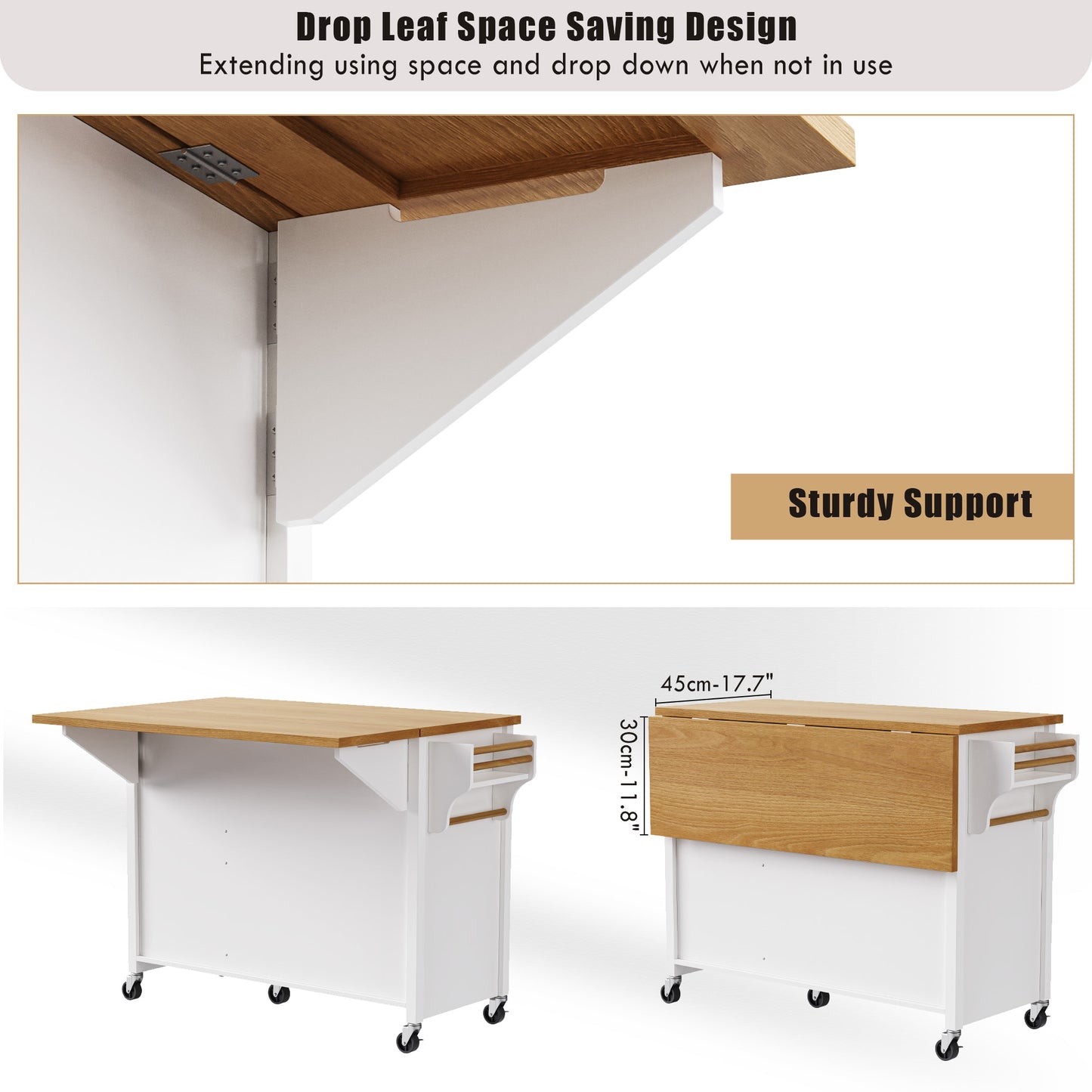 VIYET 36" K&K Kitchen Island with Drop Leaf, White MDF Storage Cart w/ Oak Veneer Top (2 Doors+5 Drawers+Adjustable Shelf)