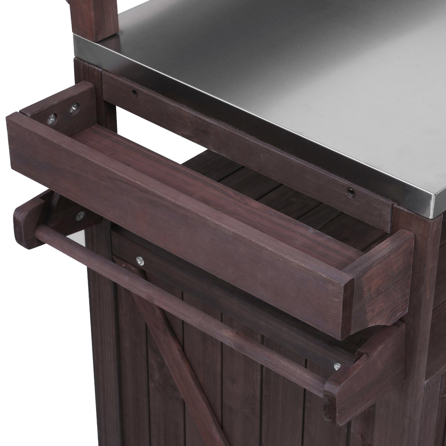 VIYET 43" K&K Outdoor Kitchen Island, Brown Solid Wood Grill Cart w/ Stainless Steel Top (Raised Shelf+Adjustable Storage Rack)