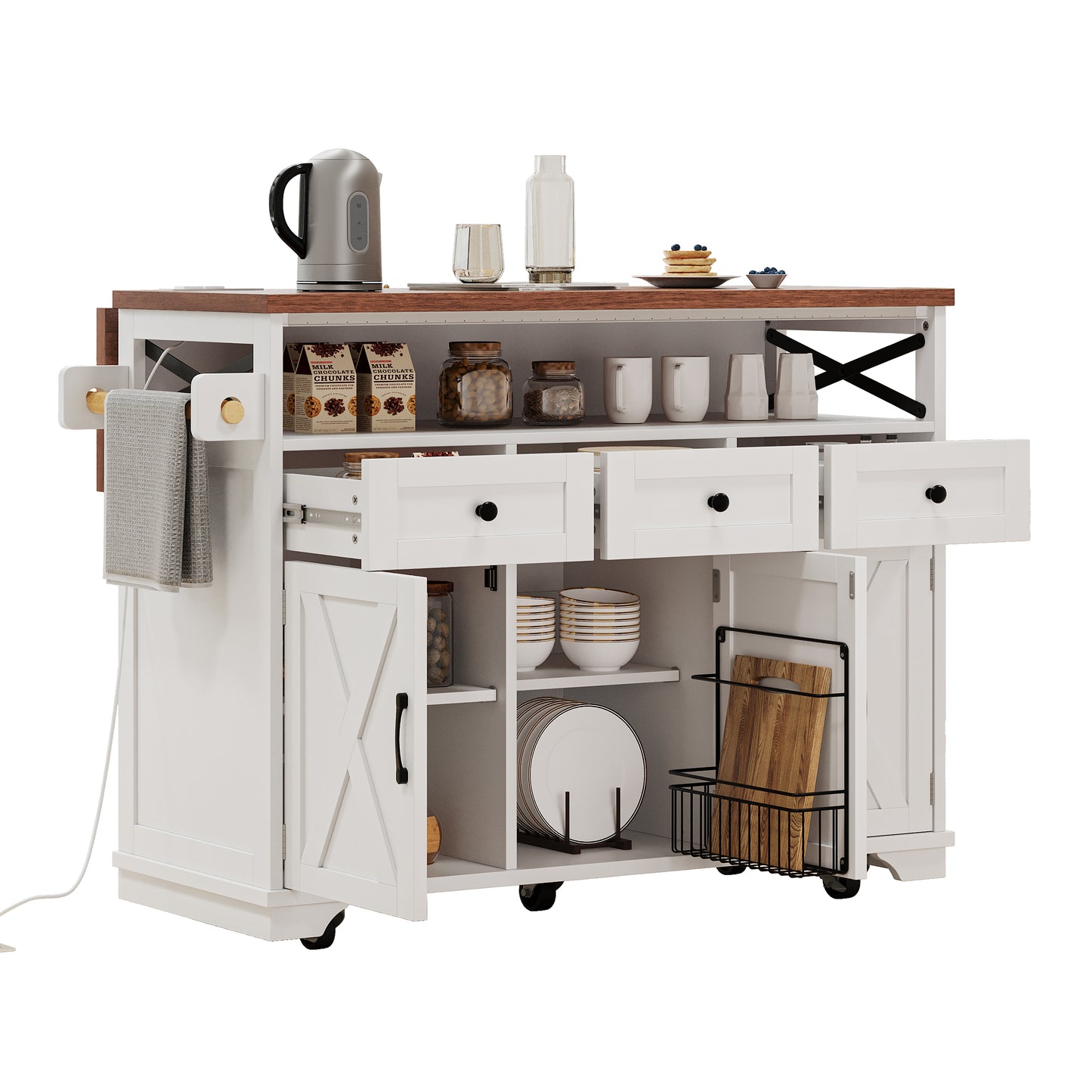 VIYET 39" K&K Farmhouse Rolling Kitchen Island, White MDF Cart w/ Bead Drape, Power Outlet & Drop Leaf (3 Doors+3 Drawers+Internal Iron Shelf)