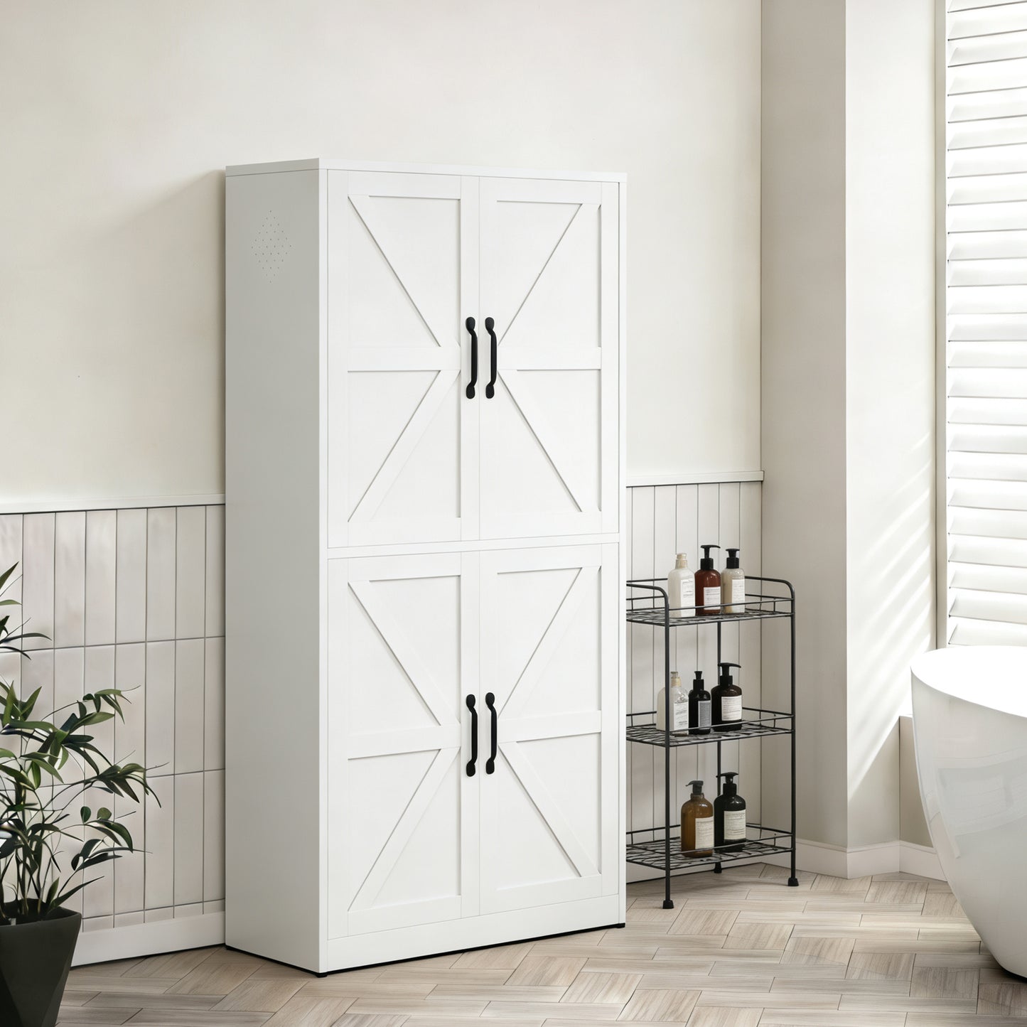 VIYET 64"H Heavy-Duty White Steel Pantry Cabinet,55LBS/Shelf Adjustable Shelves+Magnetic Door,for Kitchen/Bathroom/Living Room