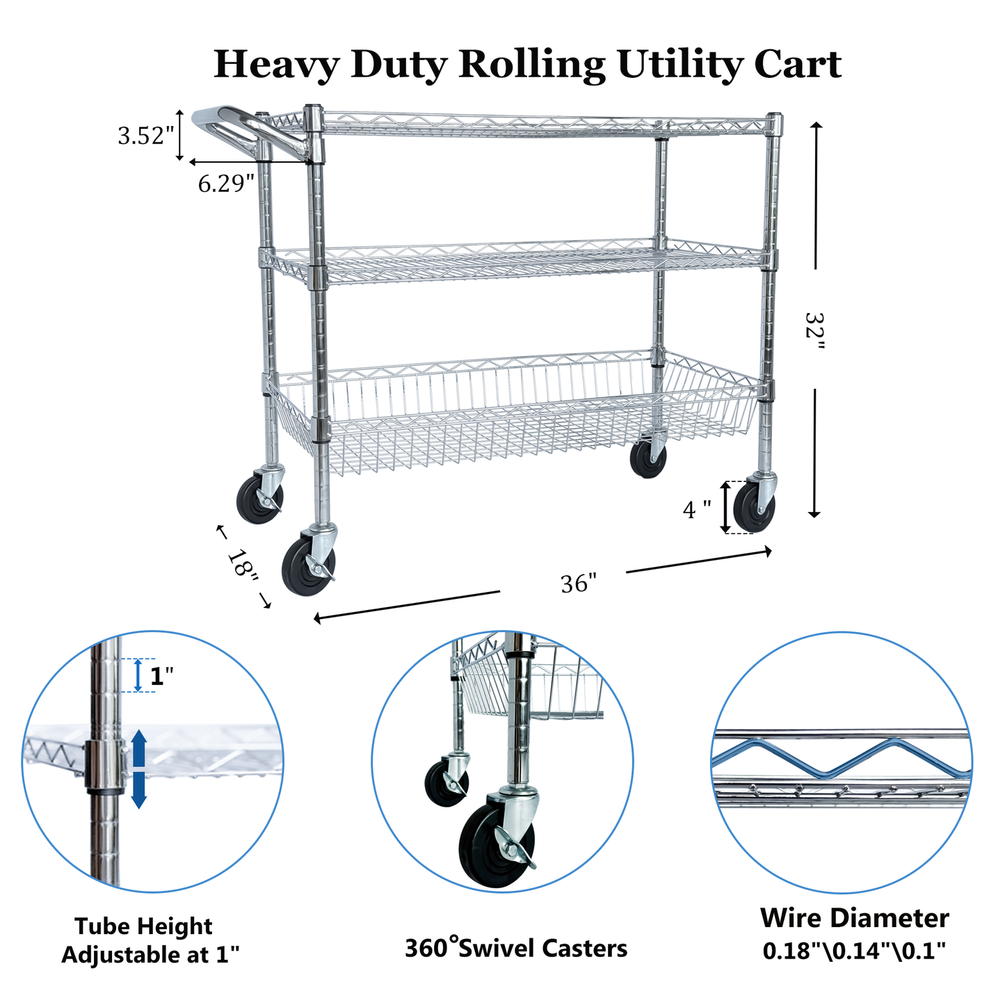 VIYET 32"H Heavy Duty 3 Tier Rolling Utility Cart, 600LBS Capacity Chrome Cart with Handle, Shelf Liners & Locking Wheels