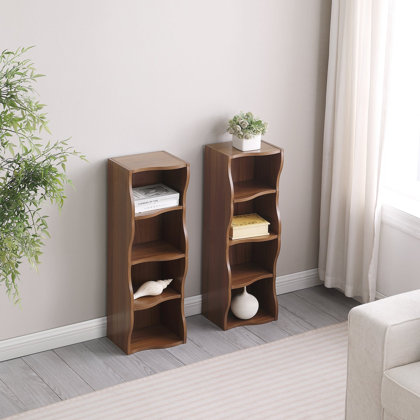 VIYET 71"8-Tier Ultra-Thin Adjustable Bookshelf, Walnut MDF Display Rack w/ Wavy Border (Detachable Home Office Organizer)