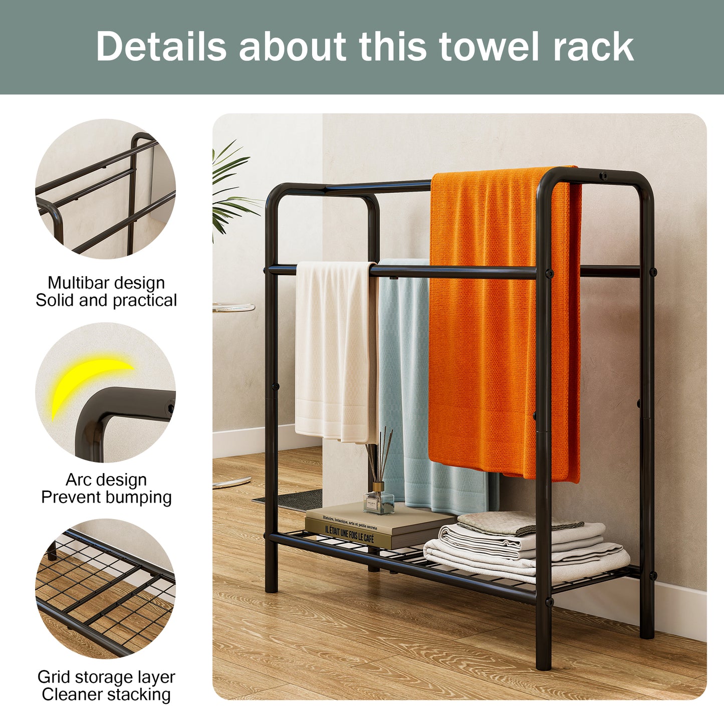 VIYET 30" 3-Tier Metal Towel Rack, Freestanding Black Storage Holder (Bathroom/Bedroom/Pool Display Organizer)